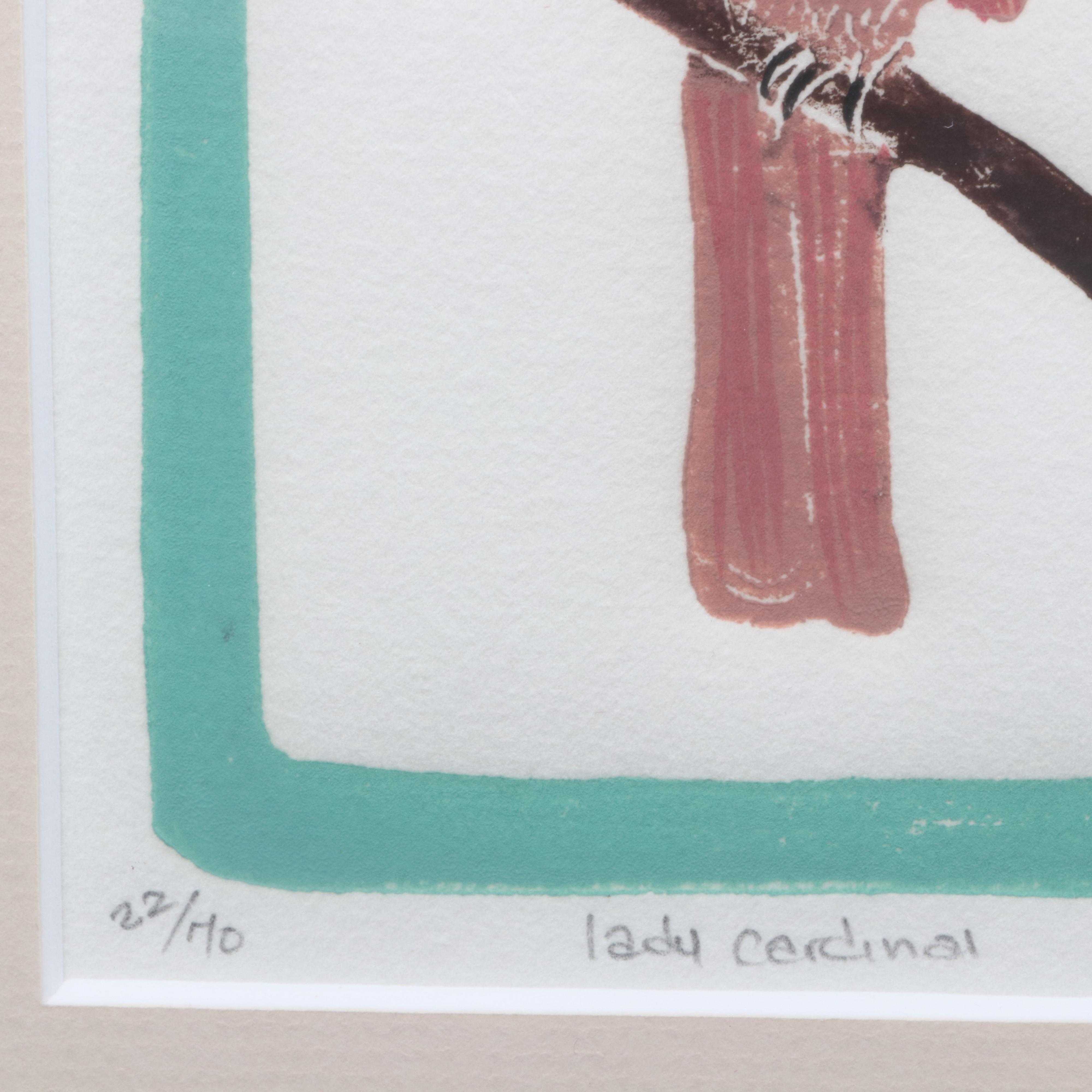 Ruth Conklin Block Relief Prints "Lady Cardinal" and "Chickadees"