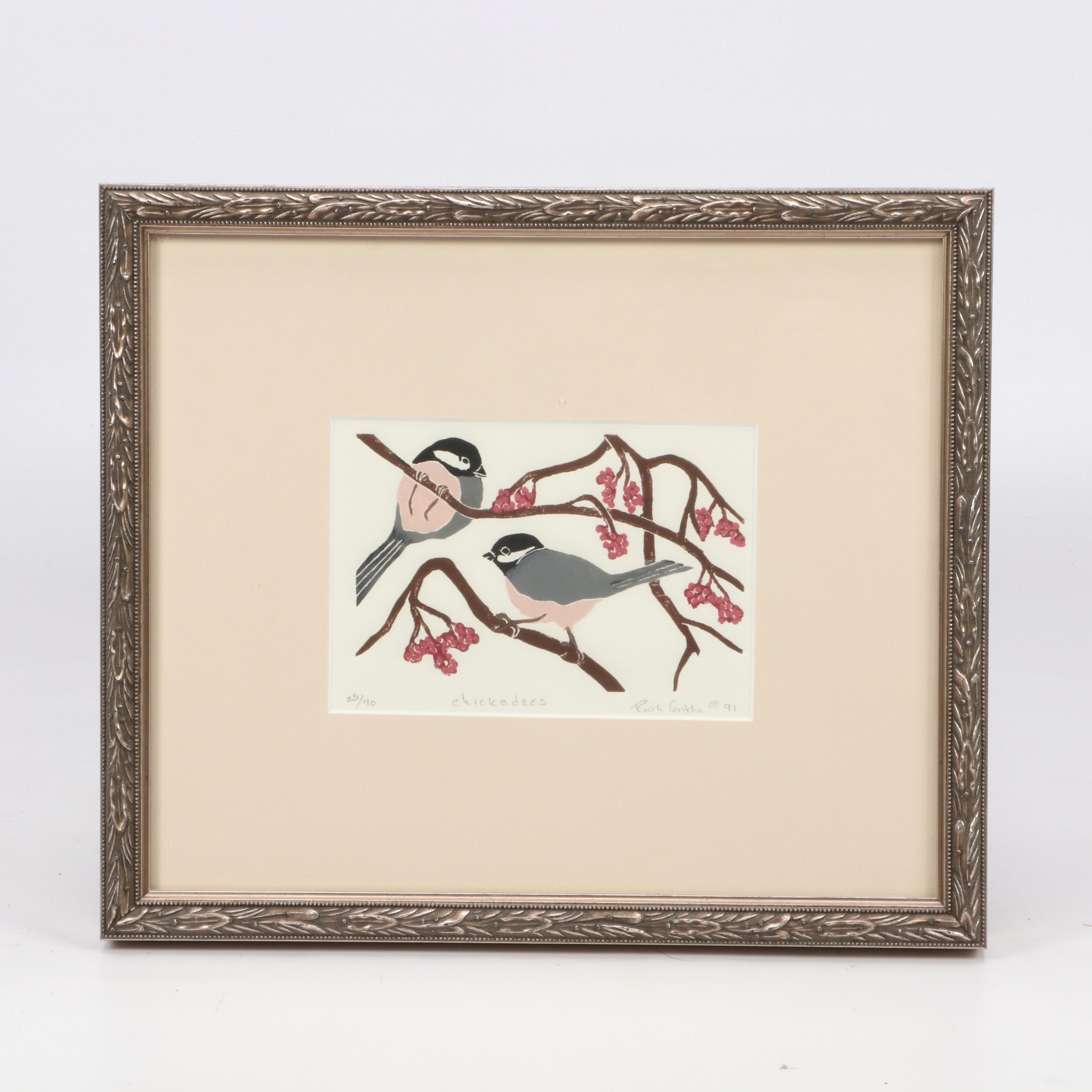 Ruth Conklin Block Relief Prints "Lady Cardinal" and "Chickadees"