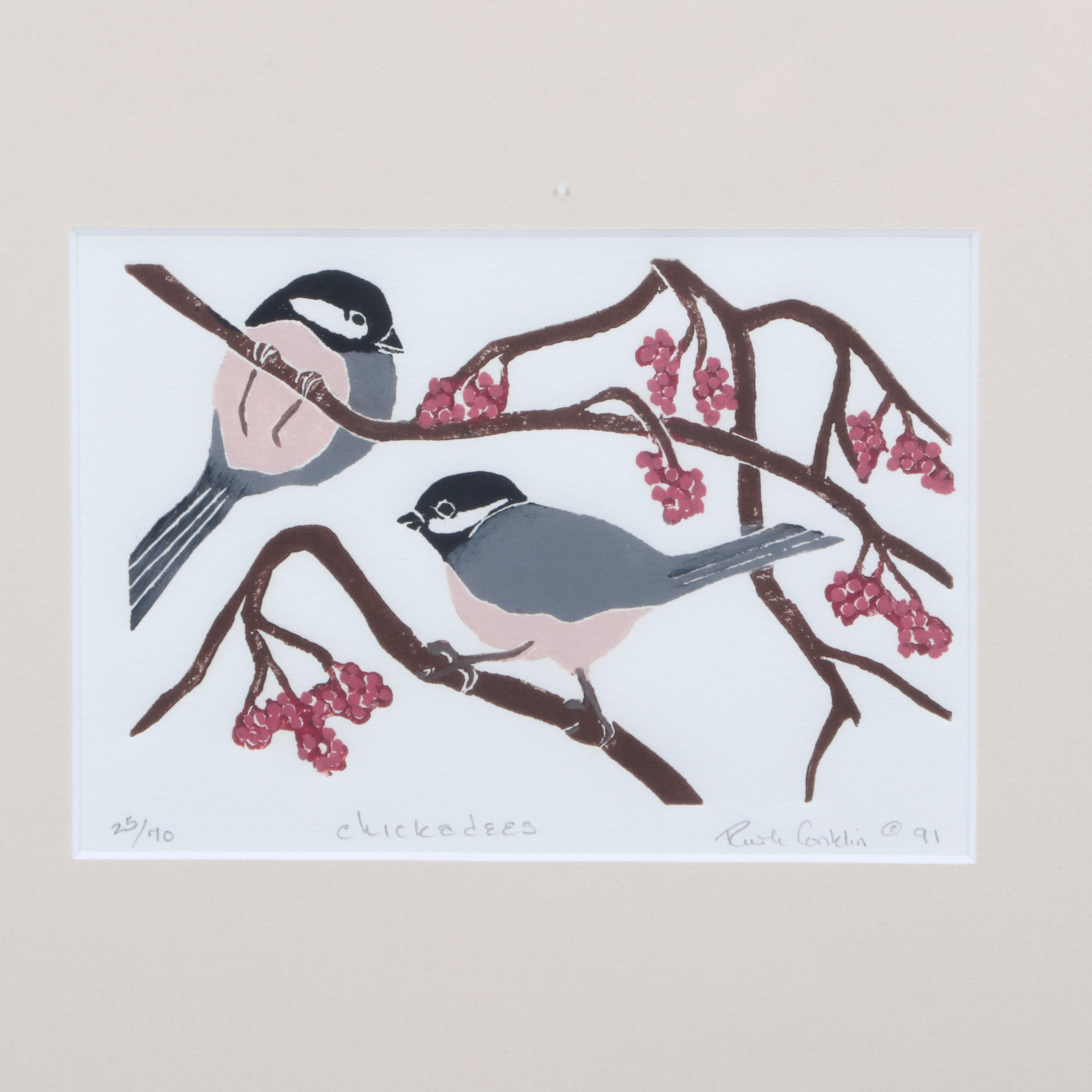 Ruth Conklin Block Relief Prints "Lady Cardinal" and "Chickadees"