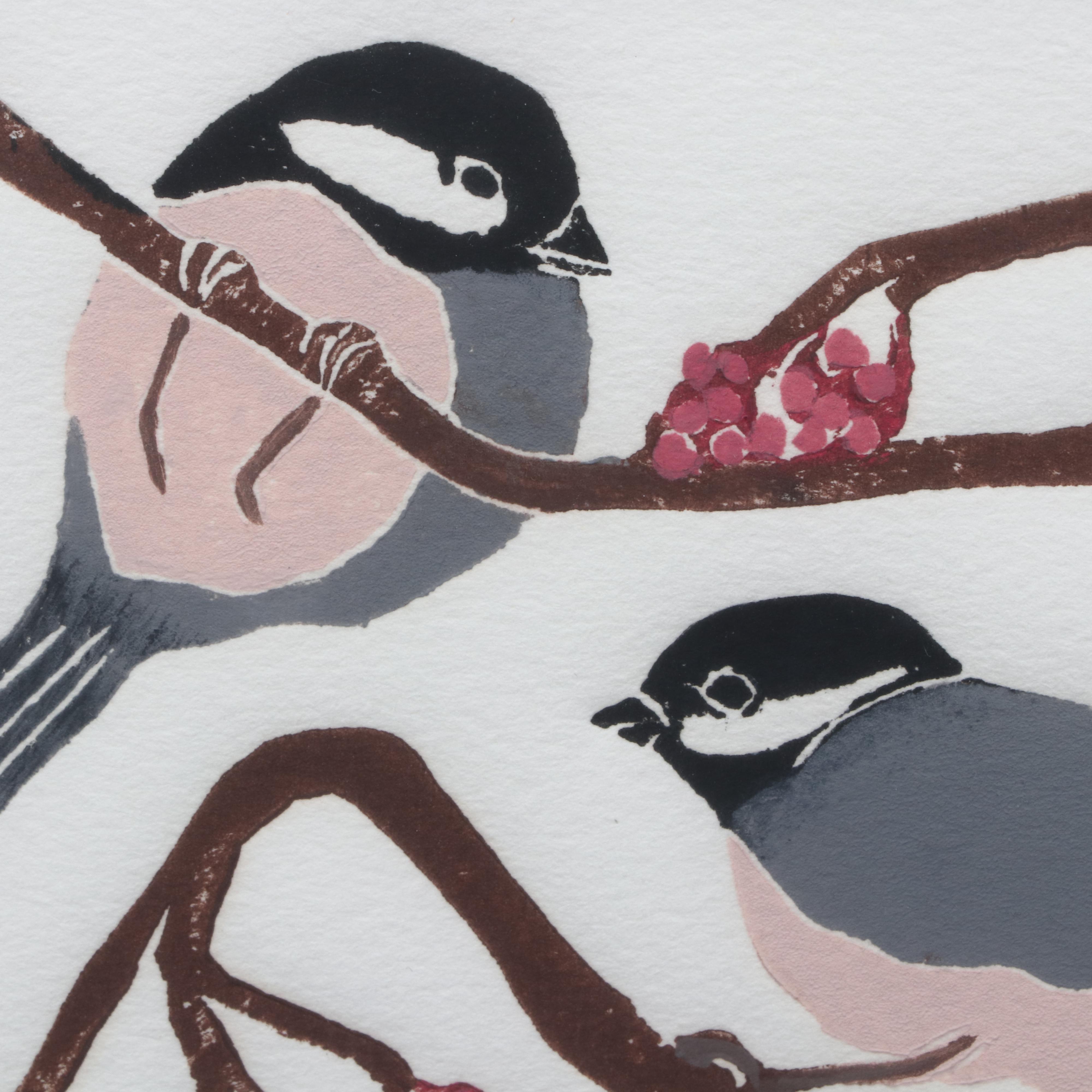 Ruth Conklin Block Relief Prints "Lady Cardinal" and "Chickadees"