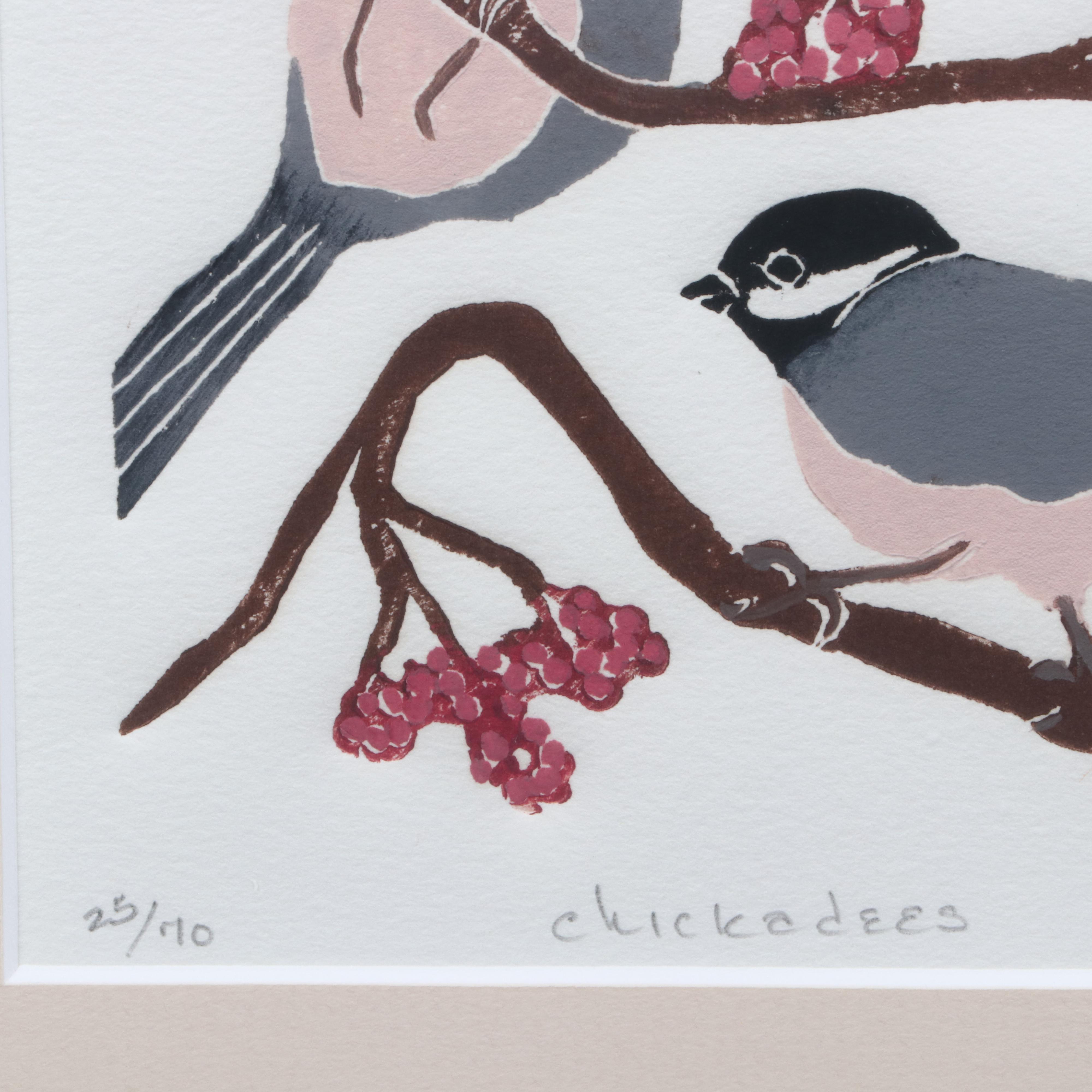 Ruth Conklin Block Relief Prints "Lady Cardinal" and "Chickadees"