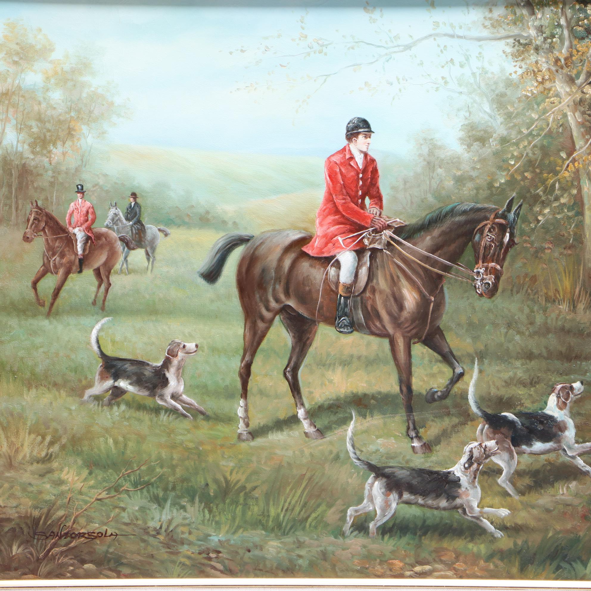 Mid-20th-Century Oil Painting of Hunting Scene