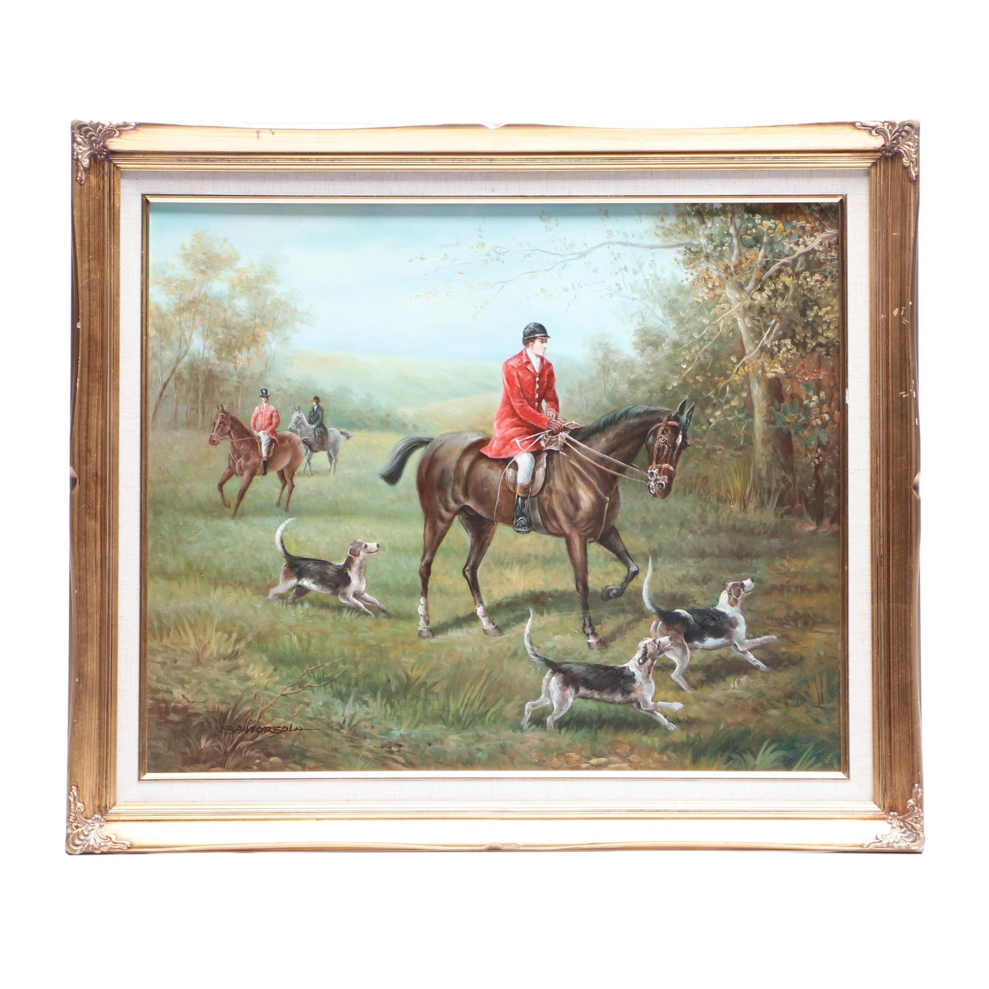 Mid-20th-Century Oil Painting of Hunting Scene