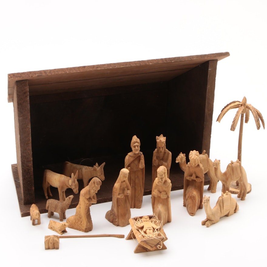 Hand Carved Olivewood Crèche Figurines with Manger