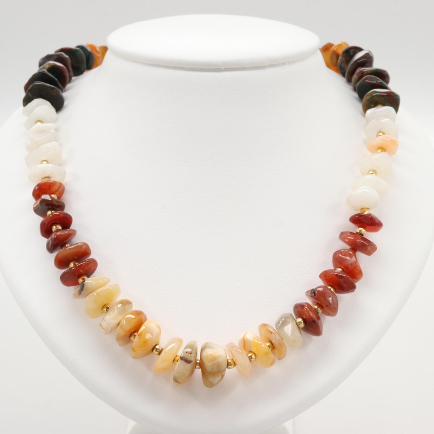 Gold Tone Amethyst, Agate and Unakite Necklace