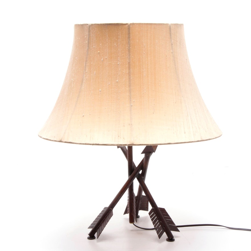 Rusticated Iron Arrow Tripod Base Table Lamp with Silk Shade