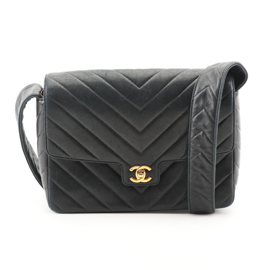 Circa 2014 Chanel Black Chevron Quilted Leather Flap Bag