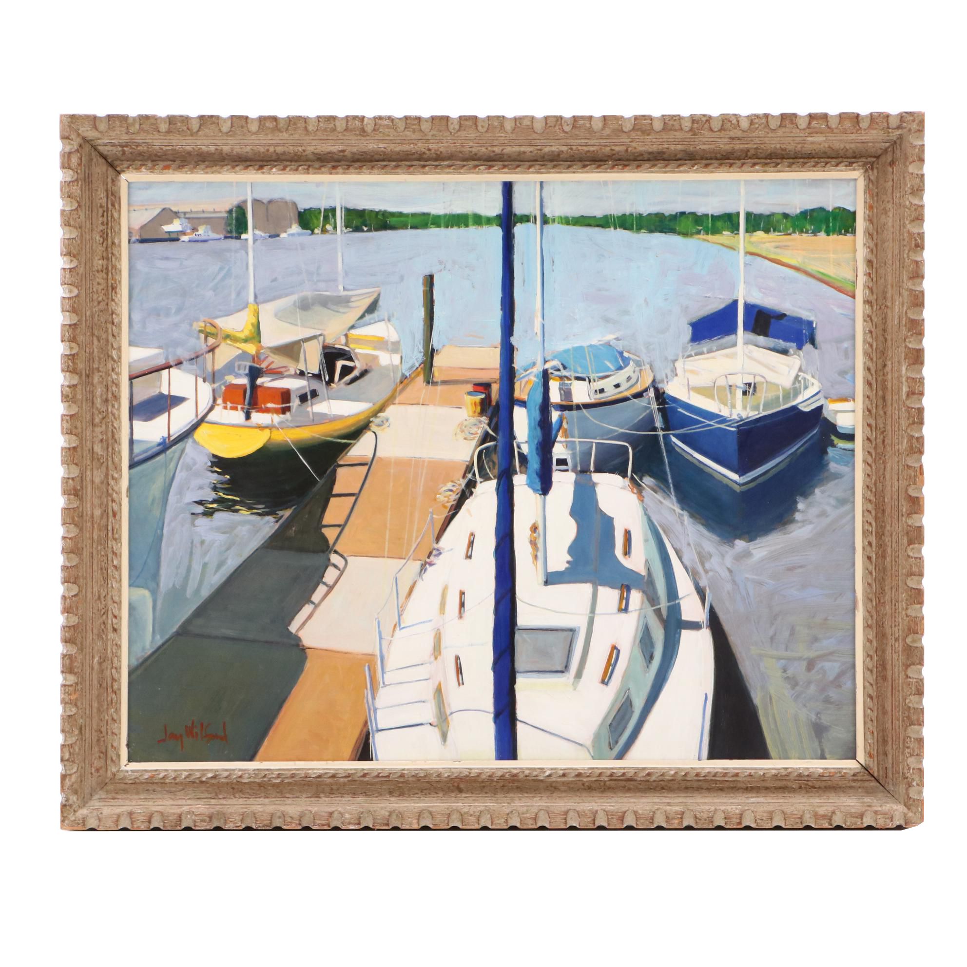 Jay Wilford Oil Painting of Boats at Pier