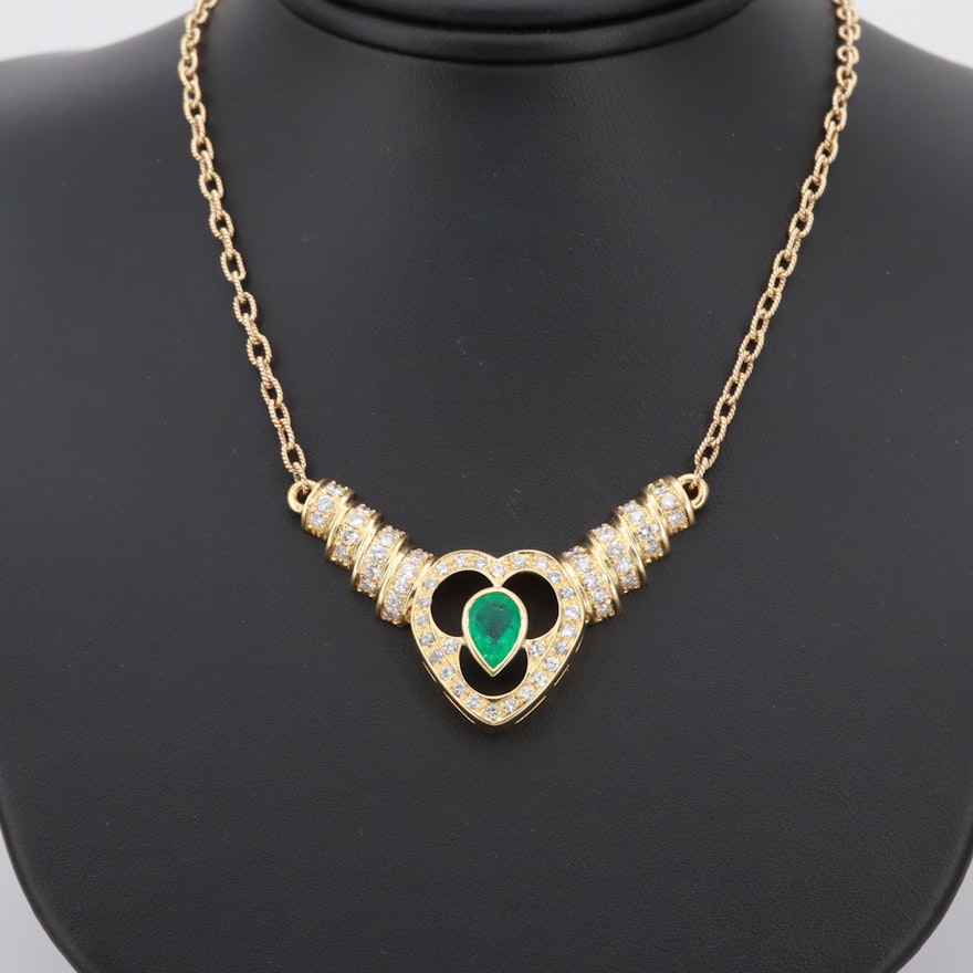 14K and 18K Yellow Gold 1.32 CT Emerald and 1.79 CTW Diamond Heart Necklace