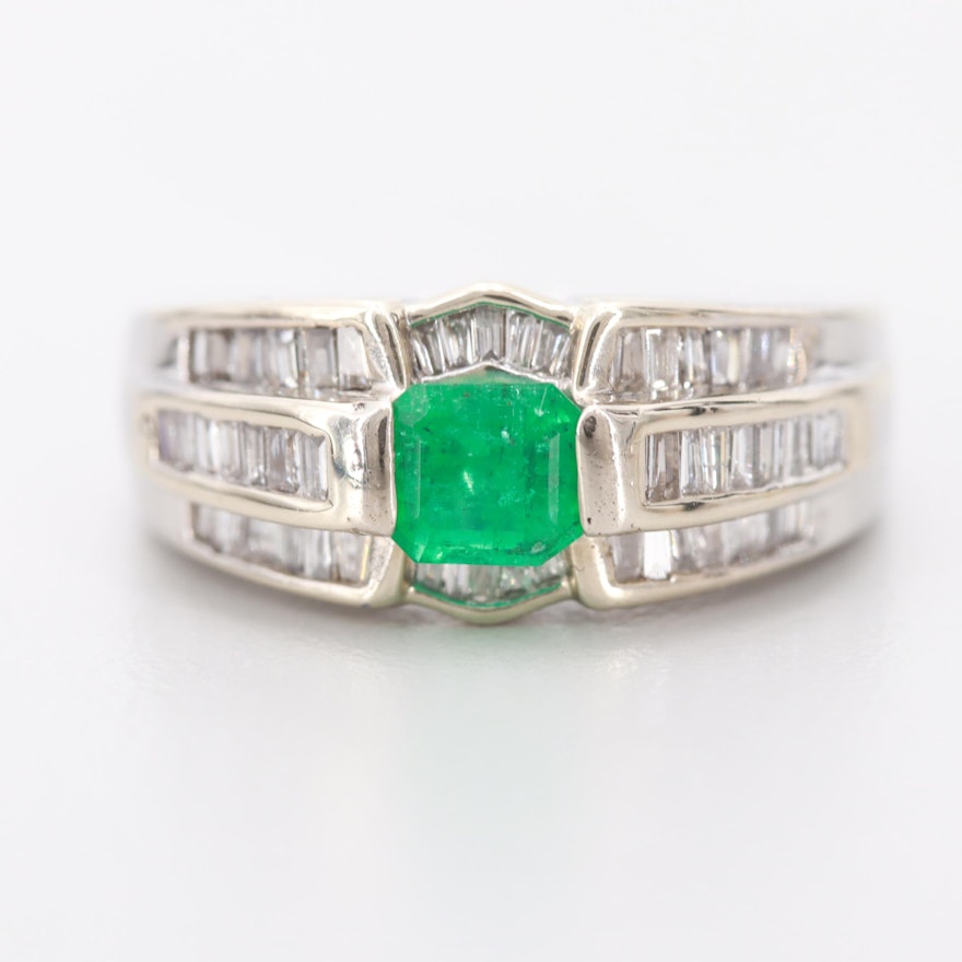 14K White Gold Emerald and Diamond Ring