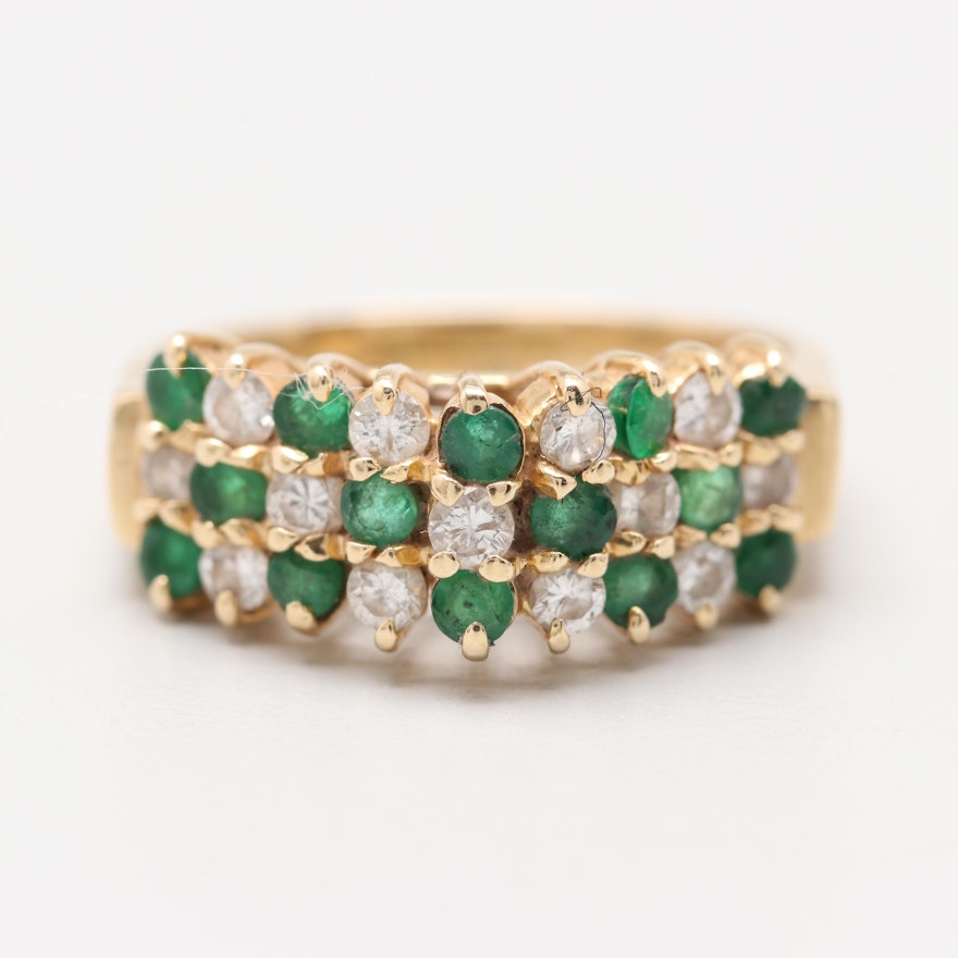 14K Yellow Gold Emerald and Diamond Ring