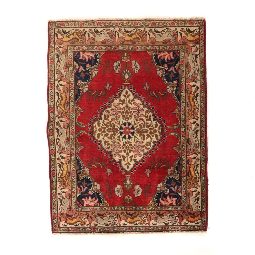 Hand-Knotted Indo-Persian Tabriz Wool Rug with Pictorial Border