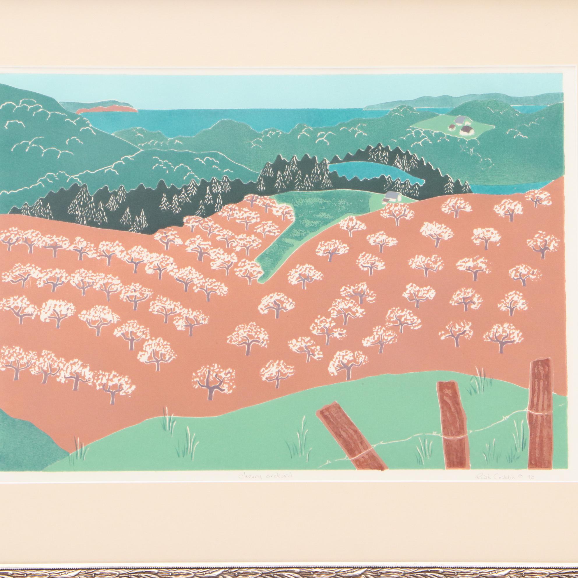Ruth Conklin 1990 Limited Edition Linocut "Cherry Orchard"