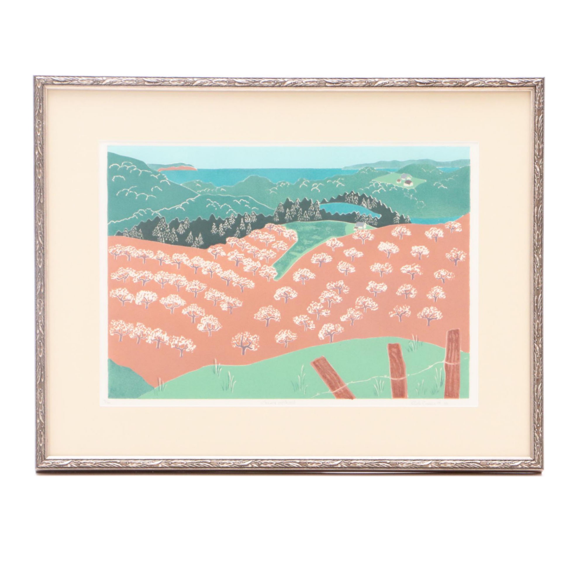 Ruth Conklin 1990 Limited Edition Linocut "Cherry Orchard"