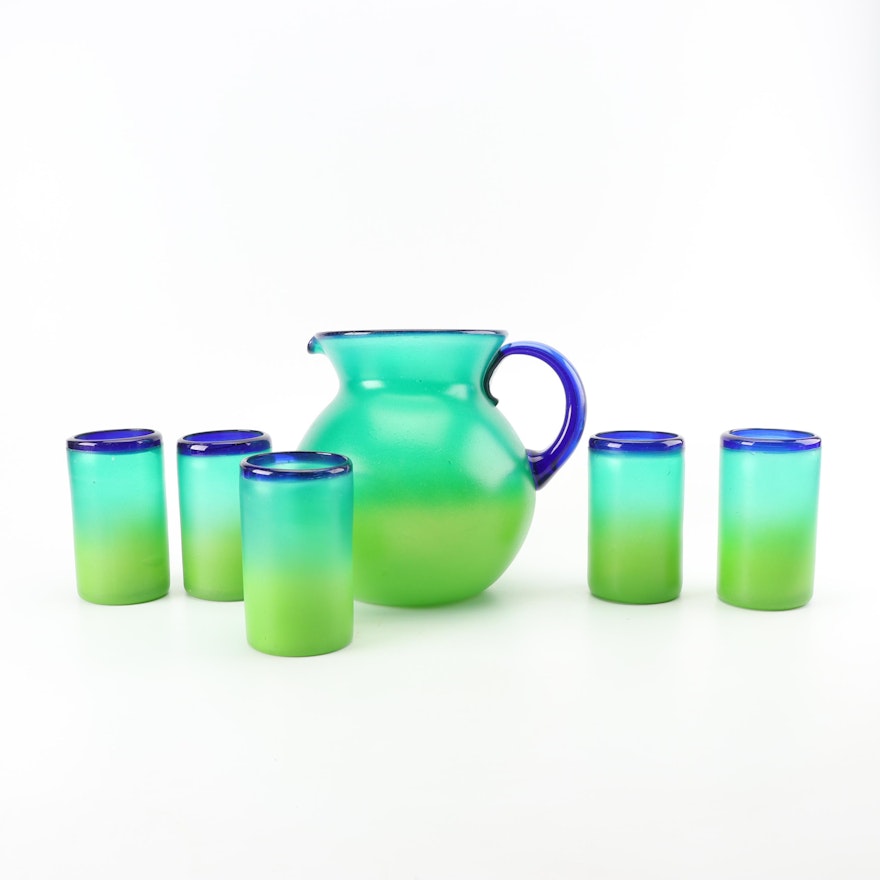 Flashed Glass Pitcher and Drinking Glasses