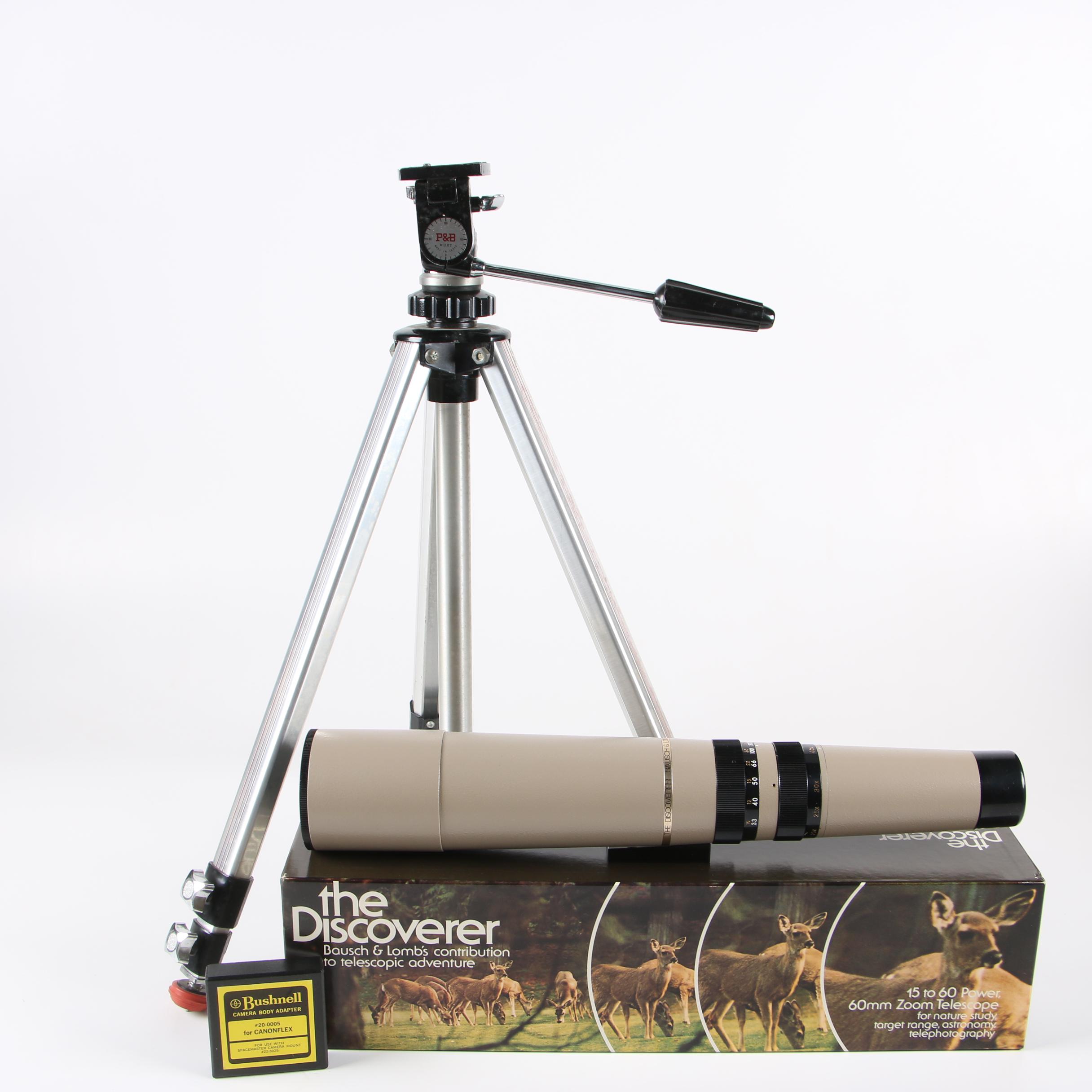 Bausch & Lomb "The Discoverer" Telescope with P&B Tripod and Camera Adapters