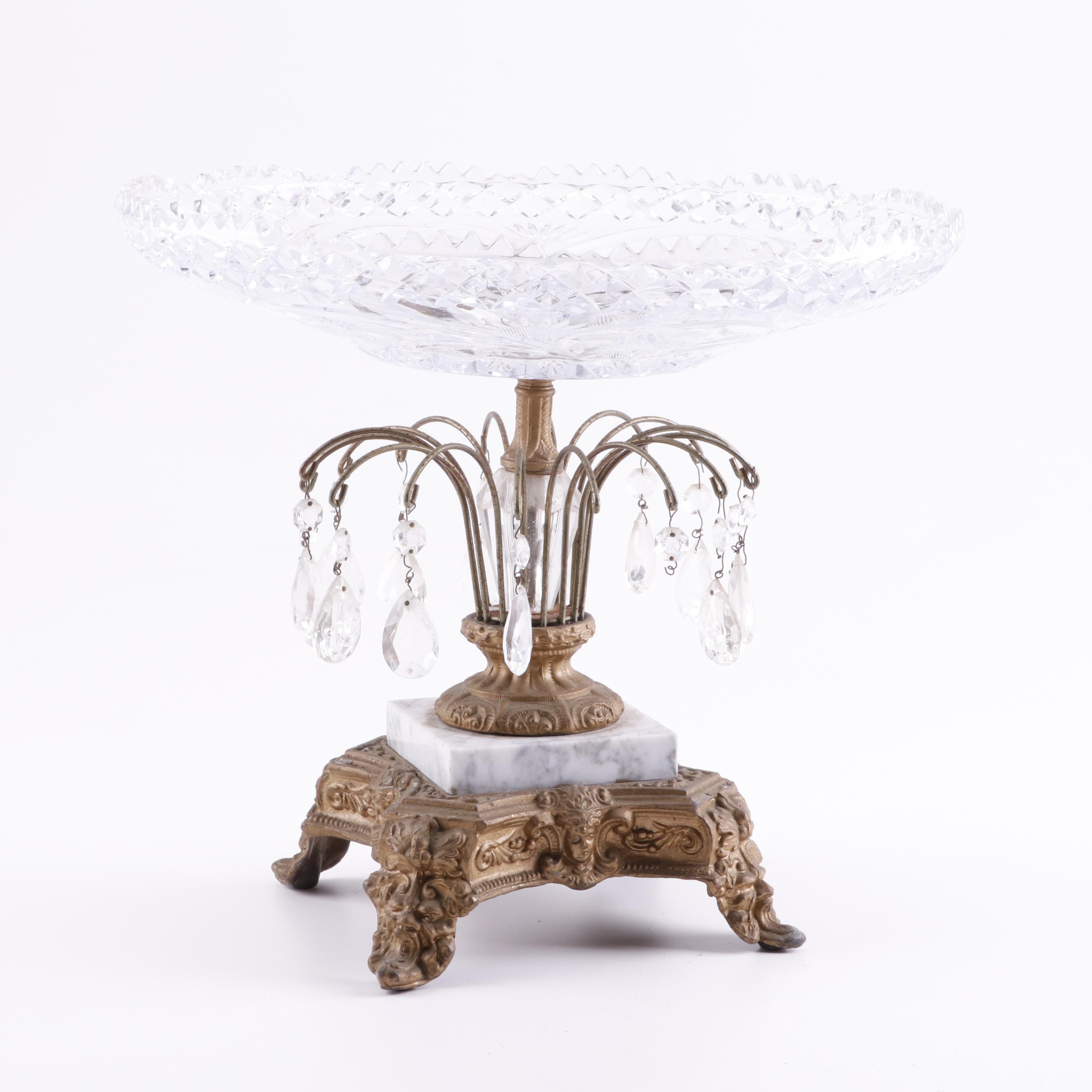 Cut Glass and Brass Epergne with Prisms on Marble Base