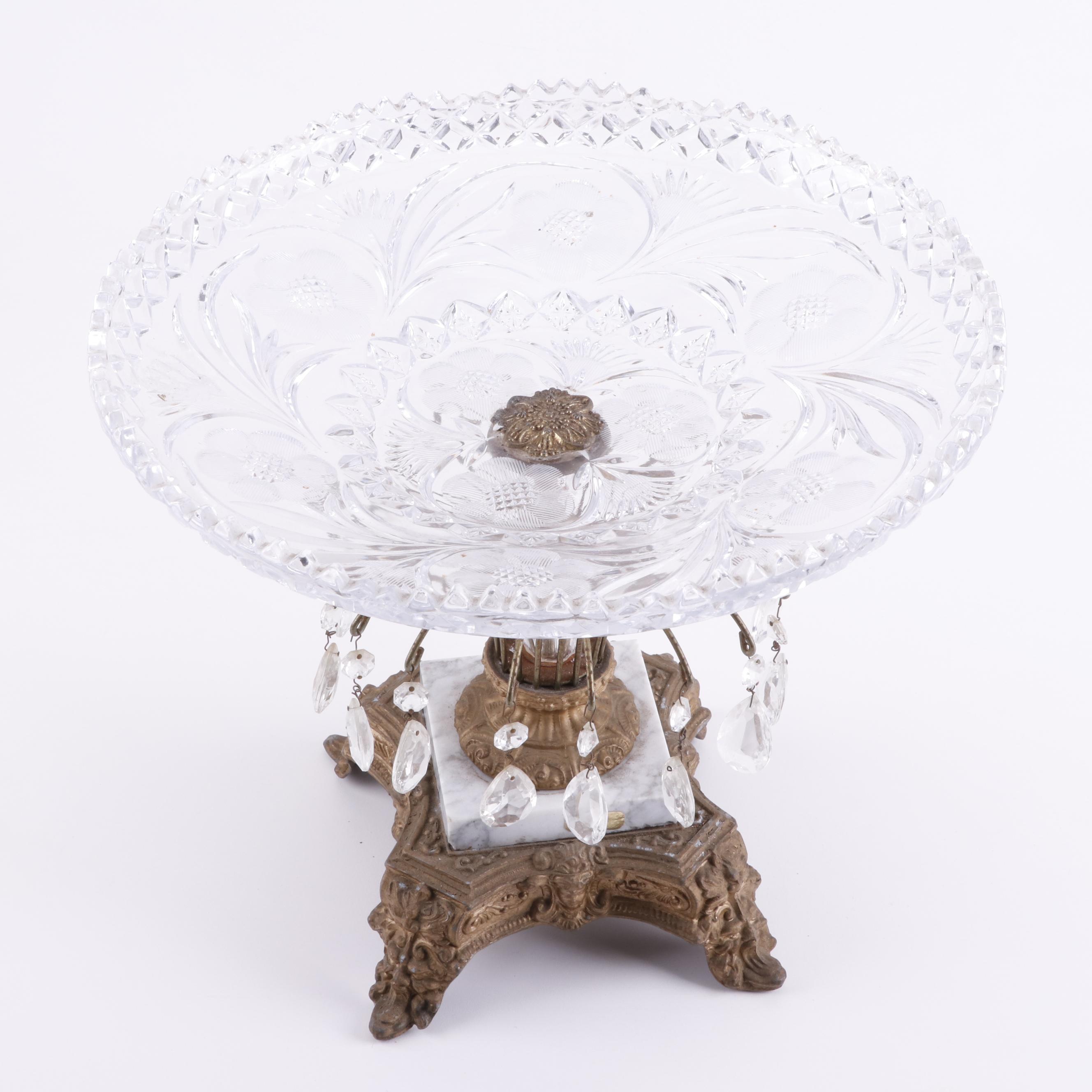 Cut Glass and Brass Epergne with Prisms on Marble Base
