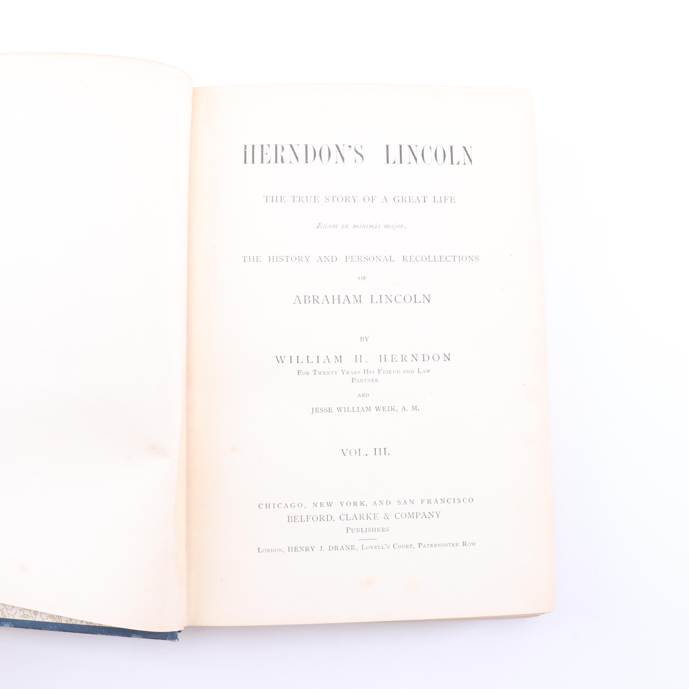 1889 "Herndon's Lincoln" Biography in Three Volumes