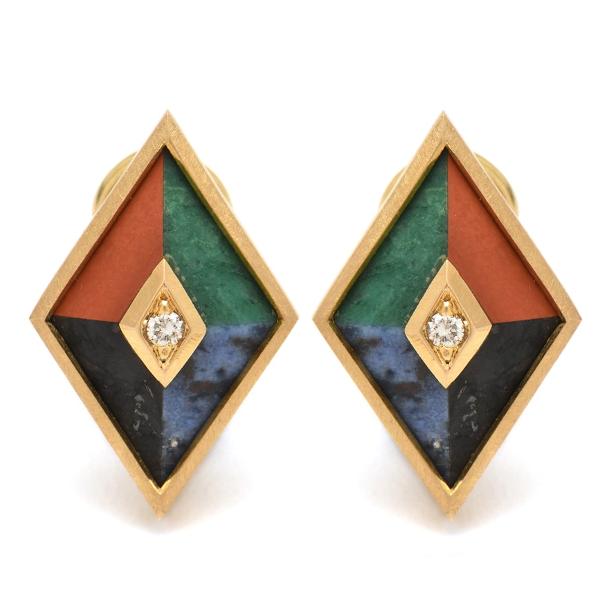 18K Yellow Gold Diamond, Sodalite, Malachite, Jasper, and Feldspar Earrings