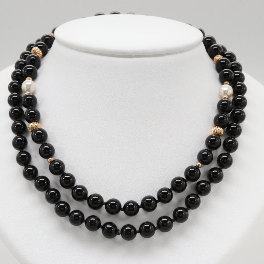14K Yellow Gold Black Onyx and Cultured Pearl Necklace