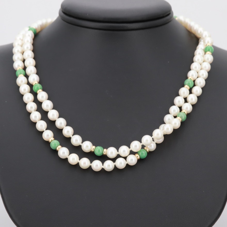 14K Yellow Gold Cultured Pearl and Nephrite Necklace