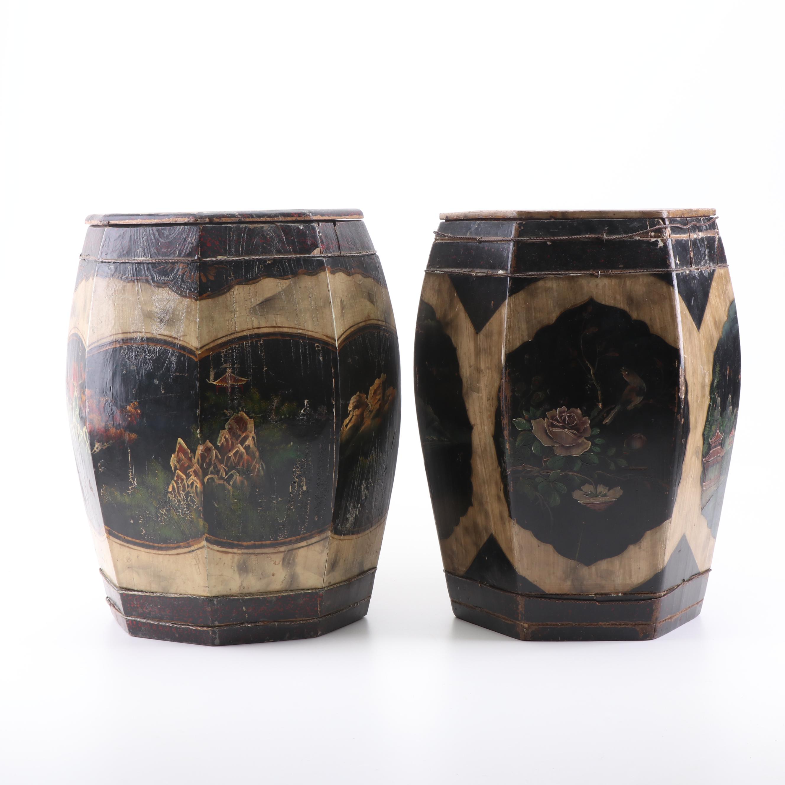 Chinese Hand-Painted Cypress Rice Buckets