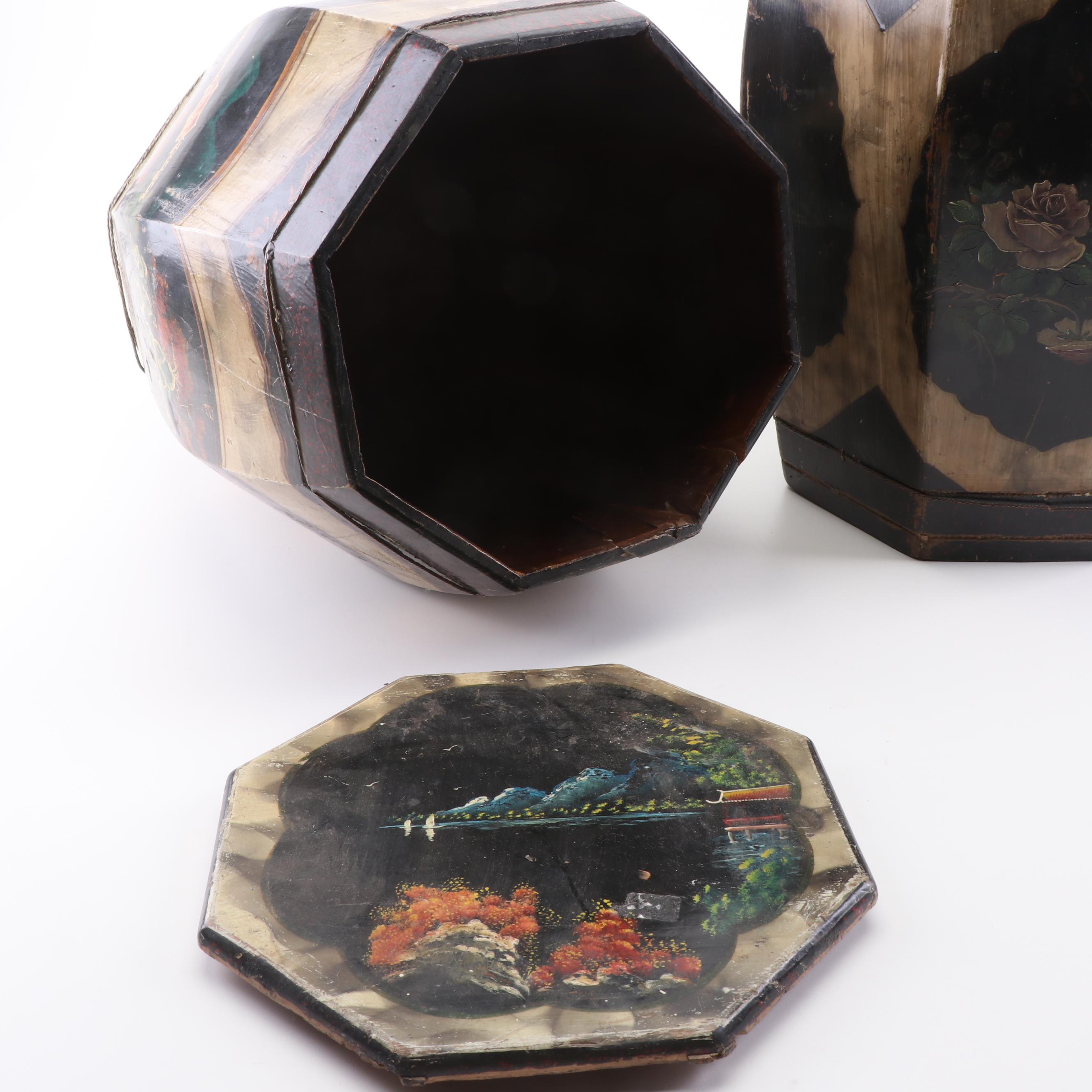 Chinese Hand-Painted Cypress Rice Buckets