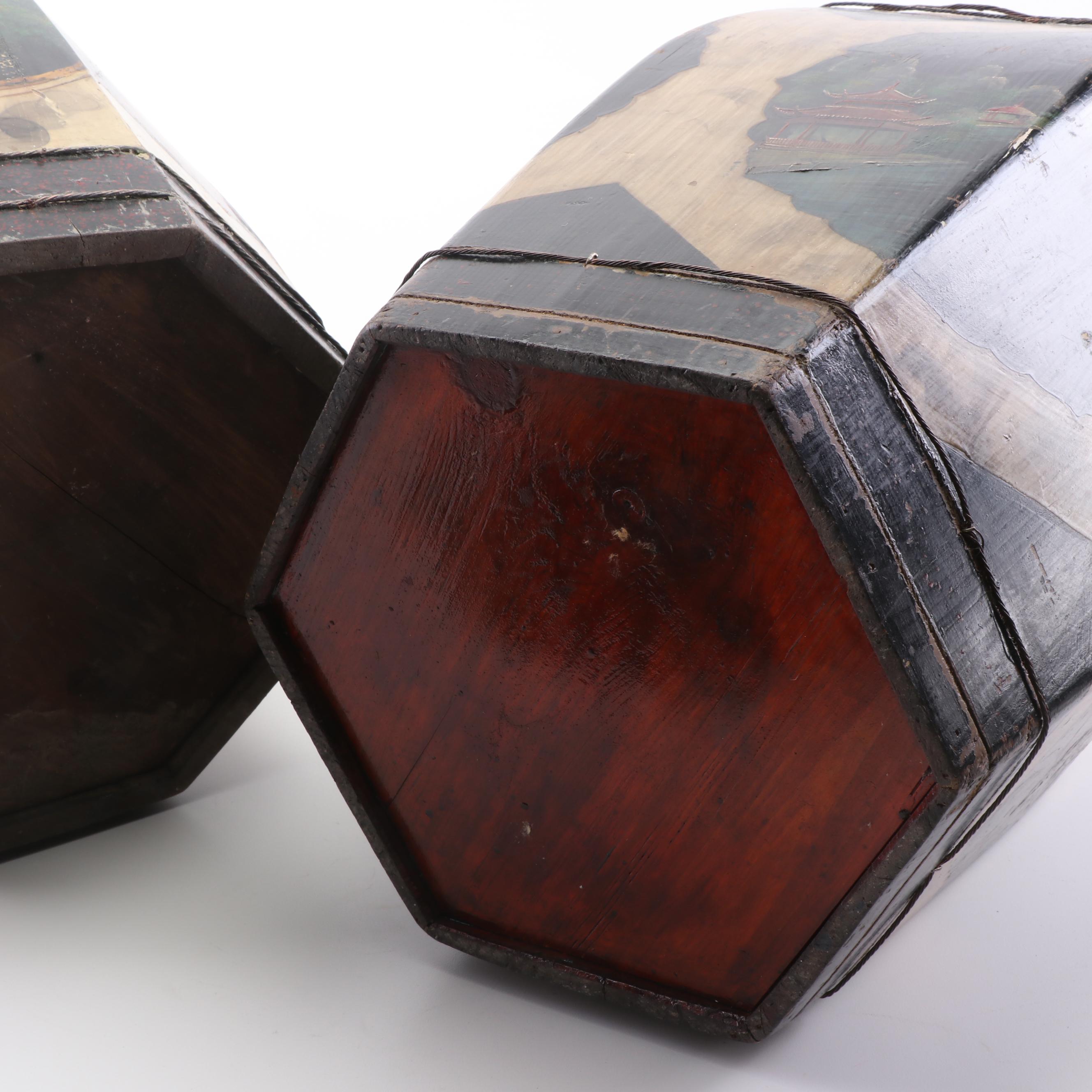 Chinese Hand-Painted Cypress Rice Buckets