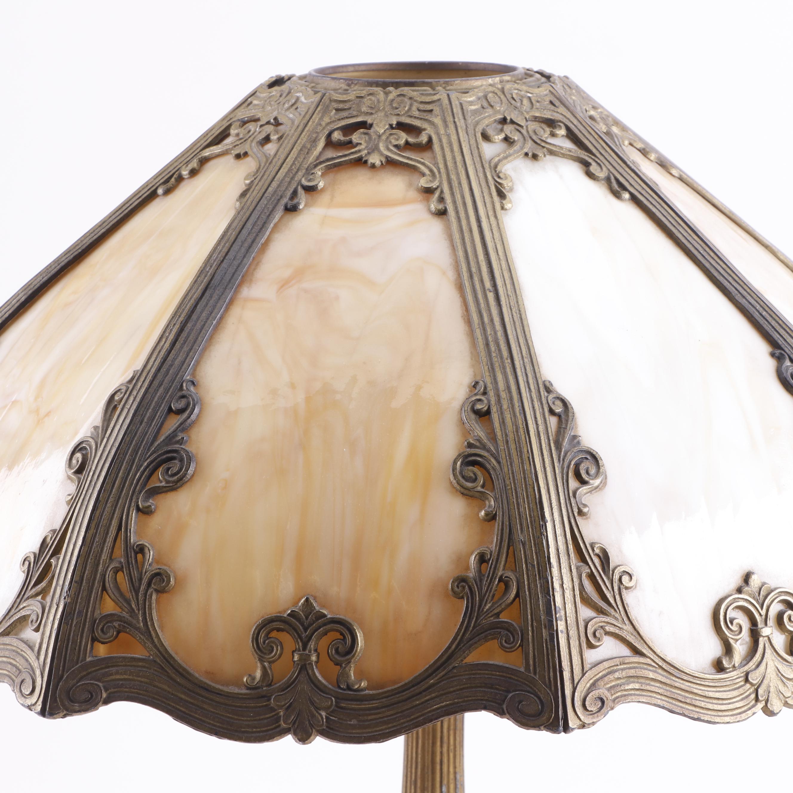 Cast Metal Table Lamp with Slag Glass and Overlay Shade, Early 20th Century
