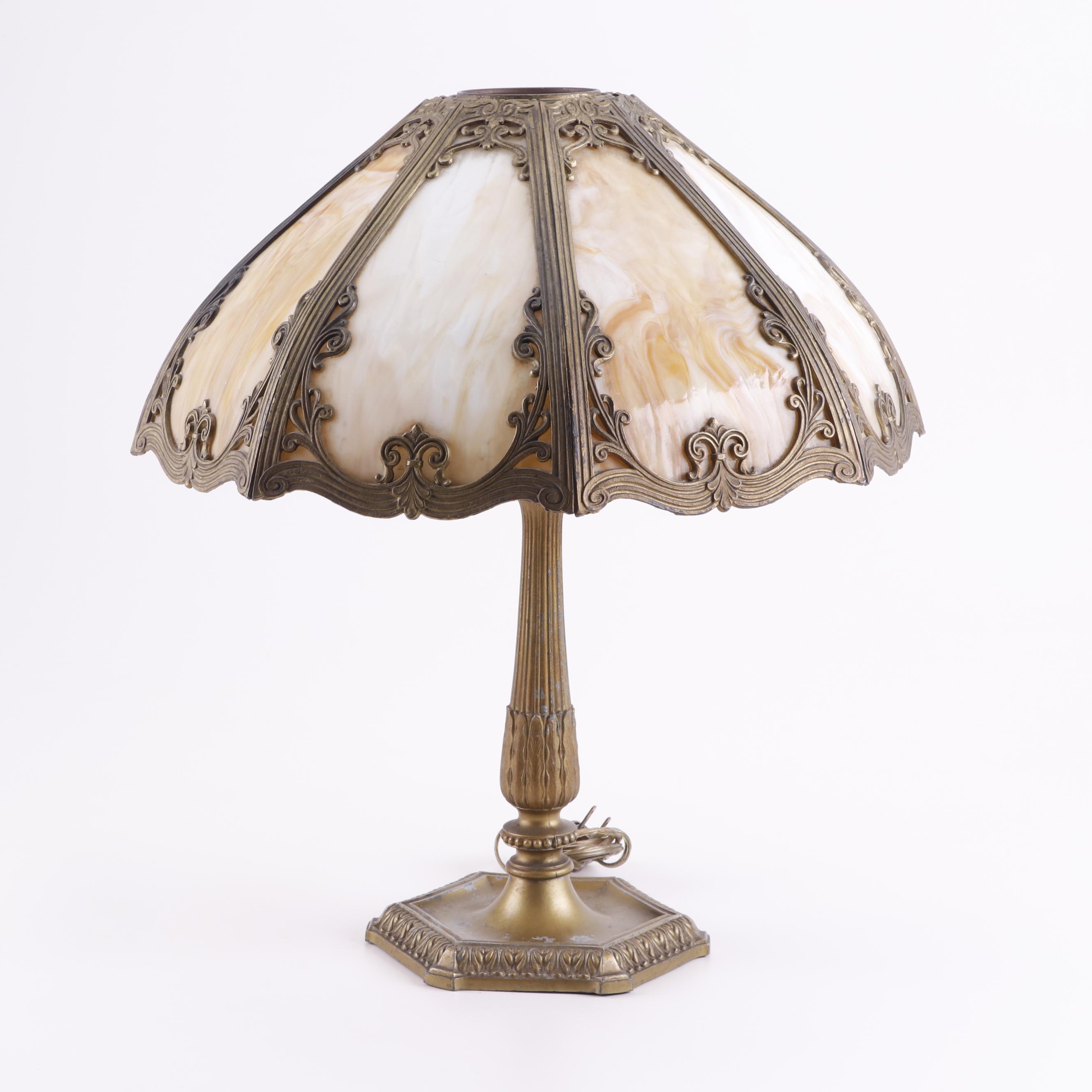 Cast Metal Table Lamp with Slag Glass and Overlay Shade, Early 20th Century
