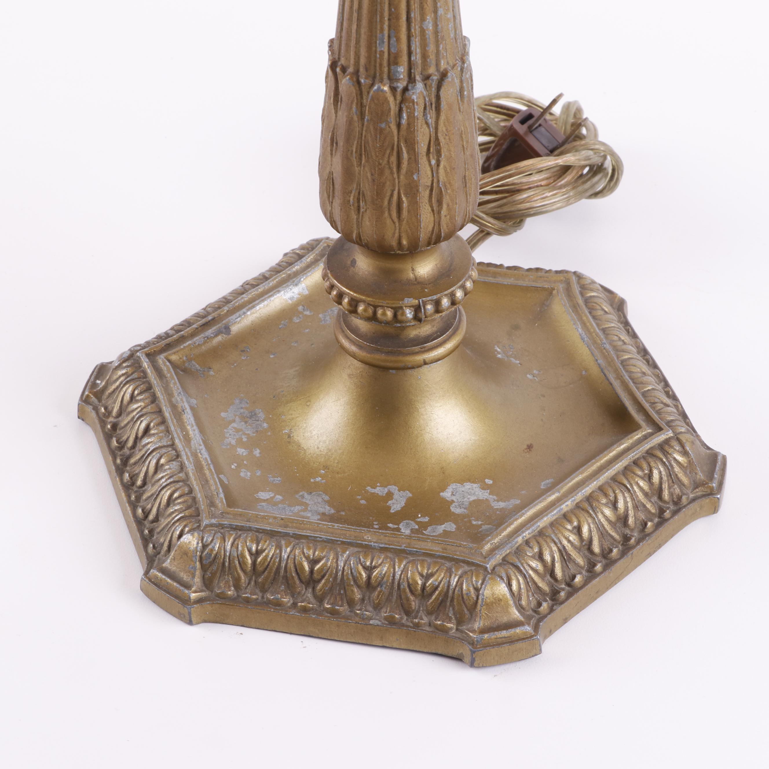 Cast Metal Table Lamp with Slag Glass and Overlay Shade, Early 20th Century