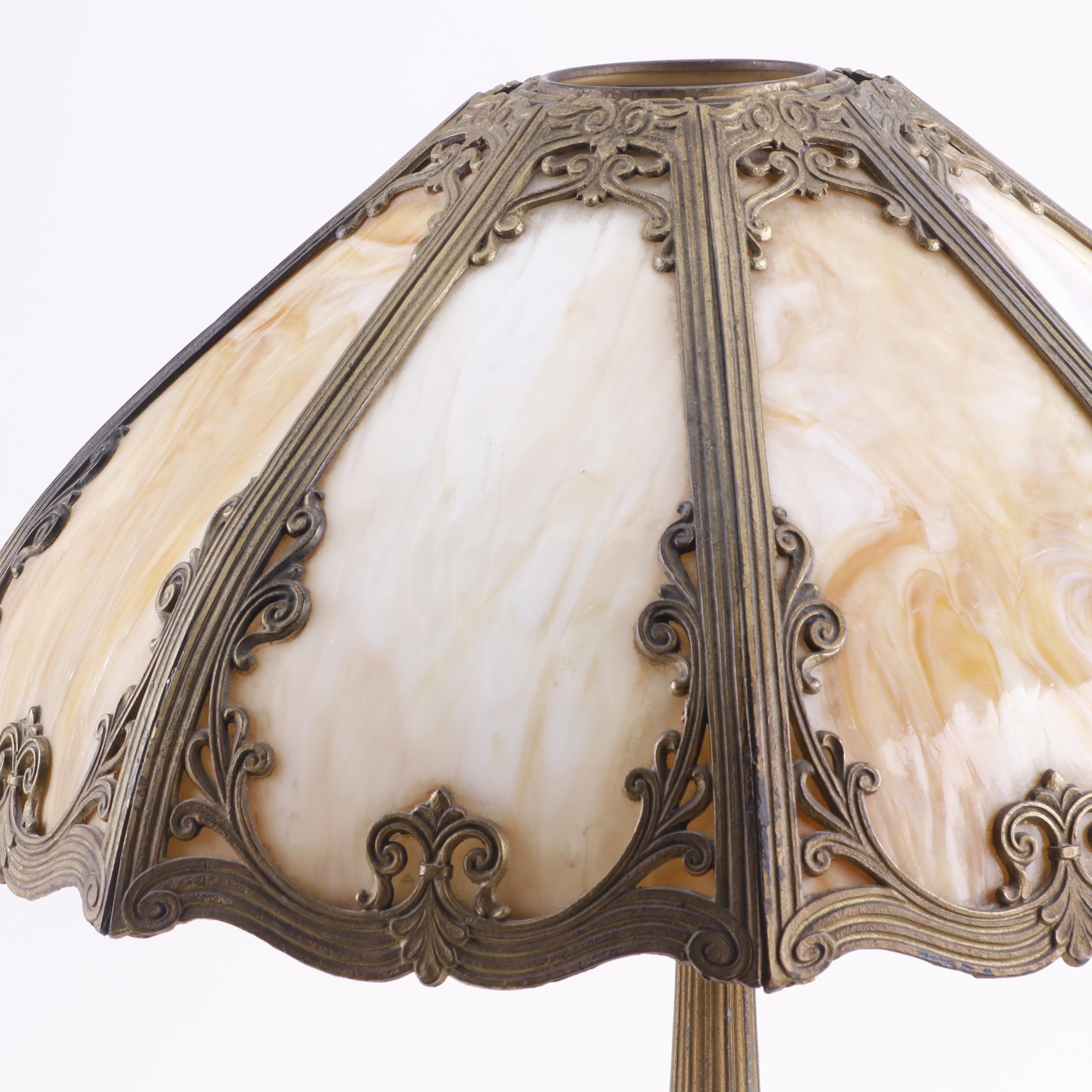 Cast Metal Table Lamp with Slag Glass and Overlay Shade, Early 20th Century