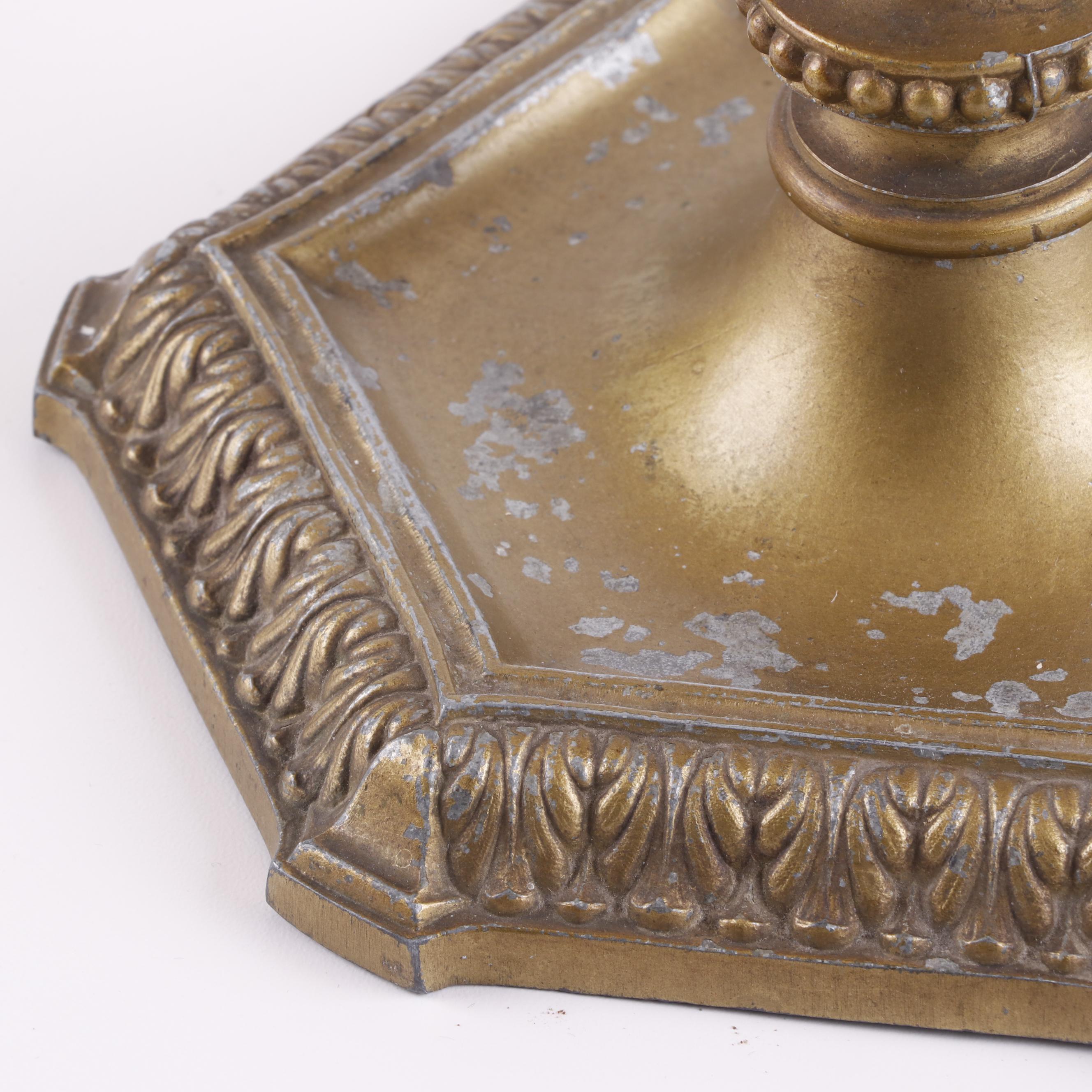 Cast Metal Table Lamp with Slag Glass and Overlay Shade, Early 20th Century