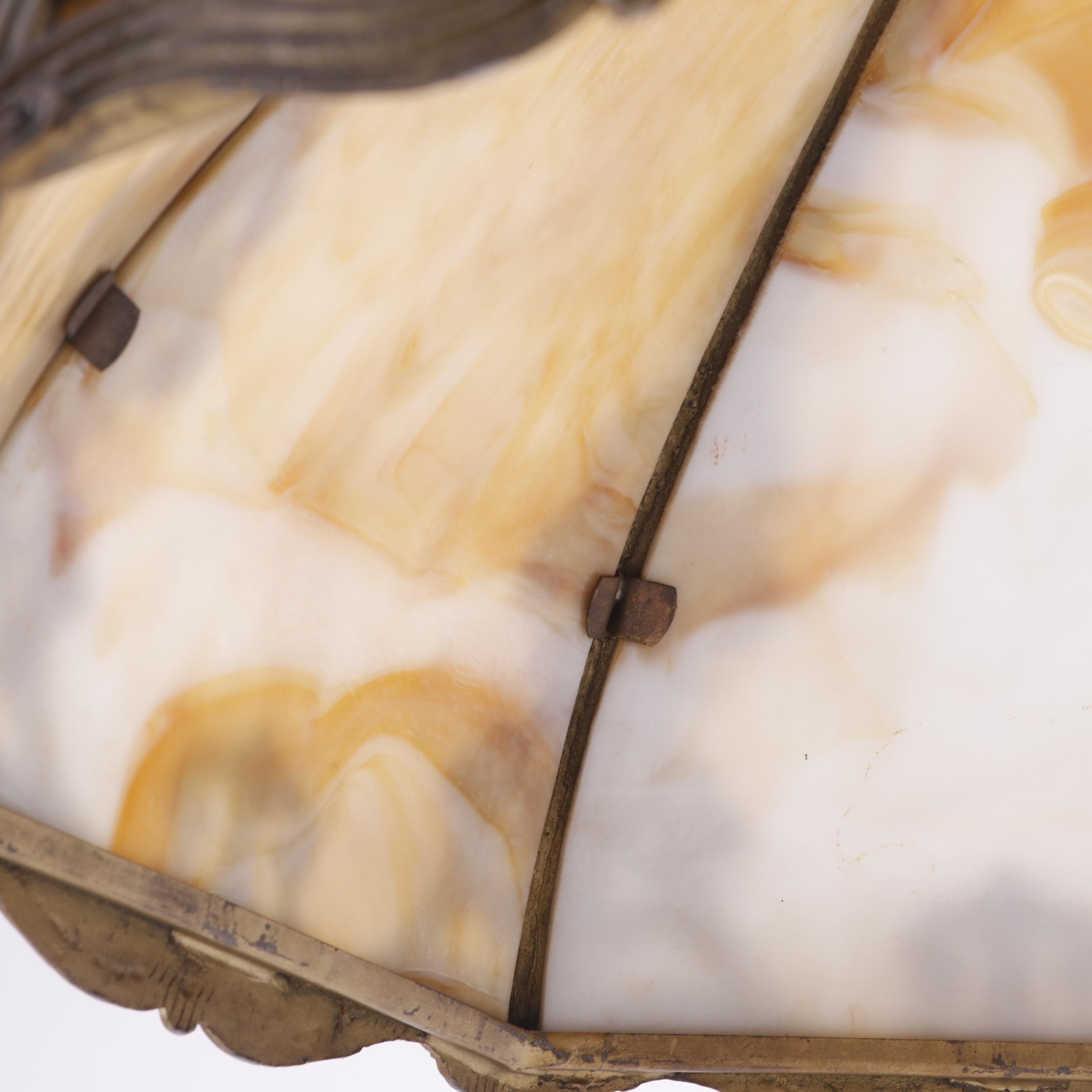 Cast Metal Table Lamp with Slag Glass and Overlay Shade, Early 20th Century