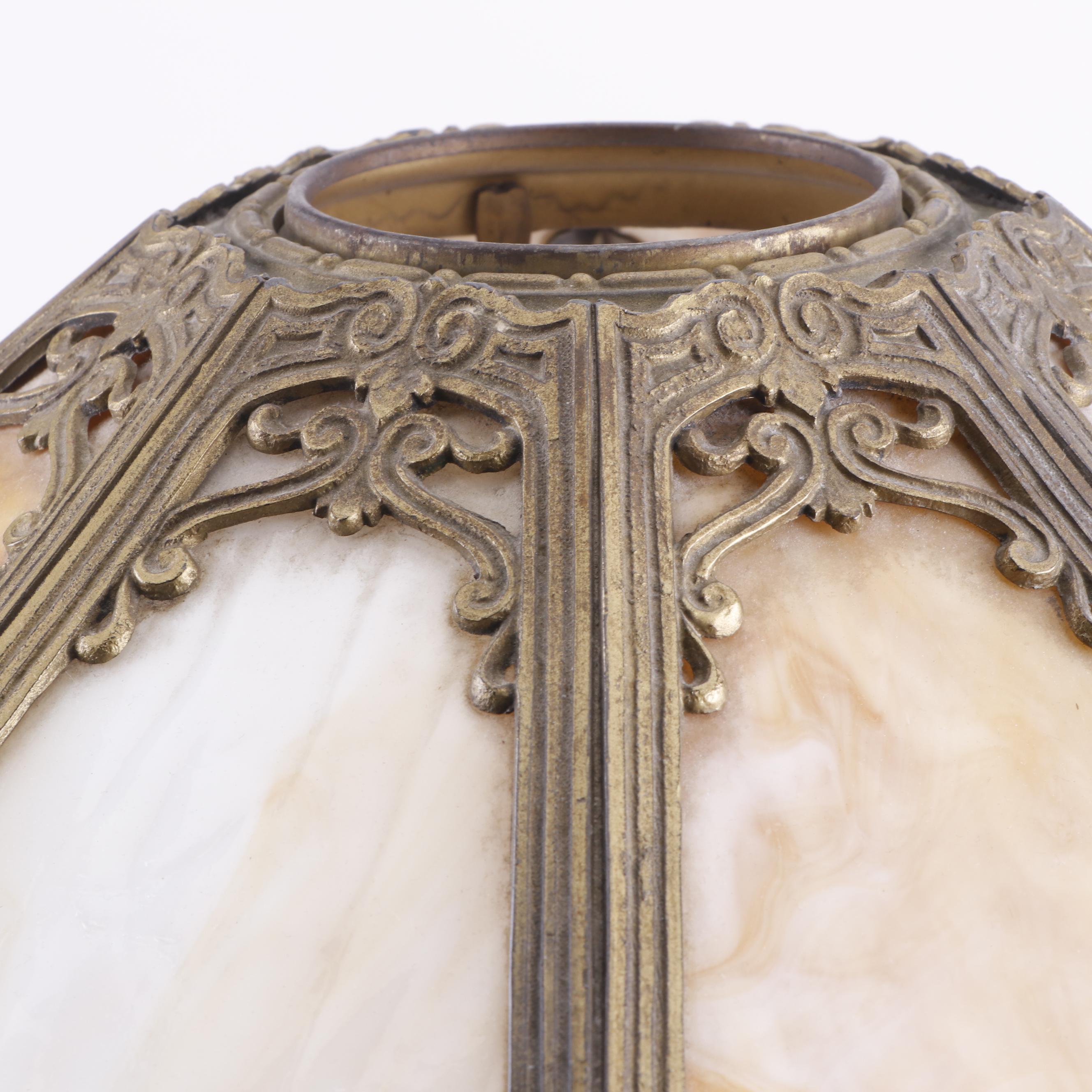 Cast Metal Table Lamp with Slag Glass and Overlay Shade, Early 20th Century