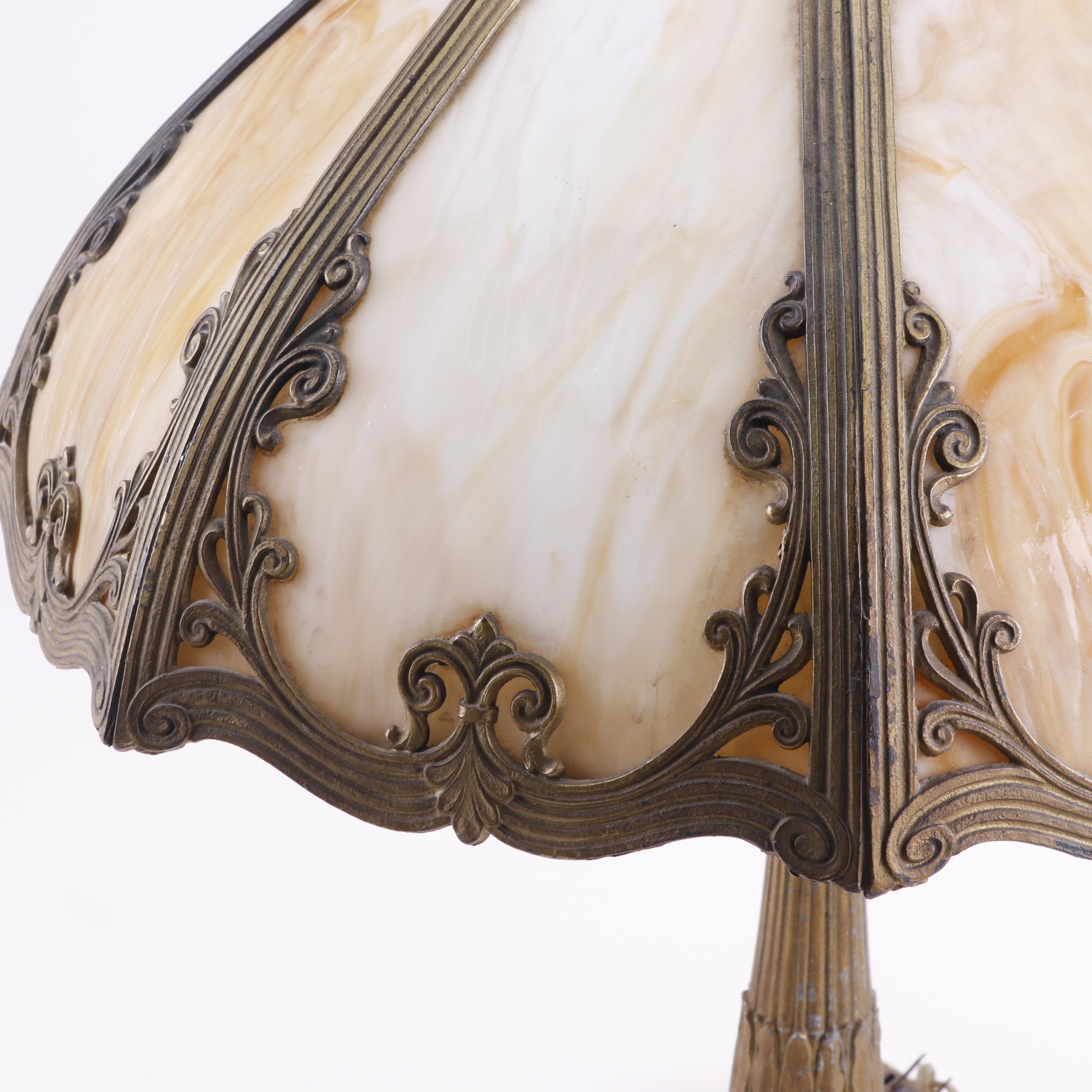 Cast Metal Table Lamp with Slag Glass and Overlay Shade, Early 20th Century