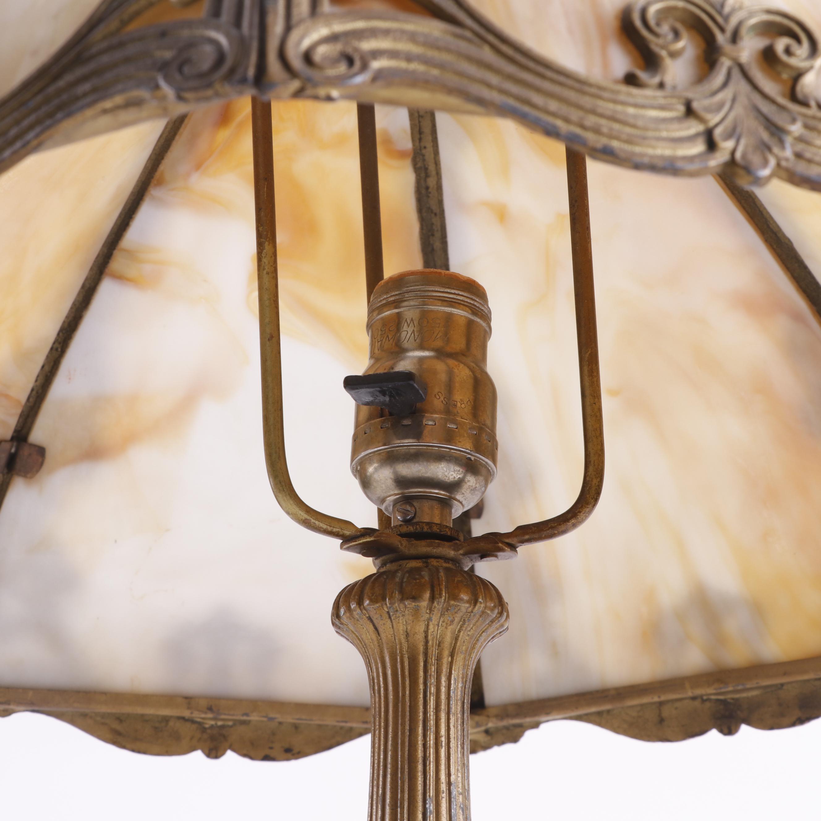Cast Metal Table Lamp with Slag Glass and Overlay Shade, Early 20th Century