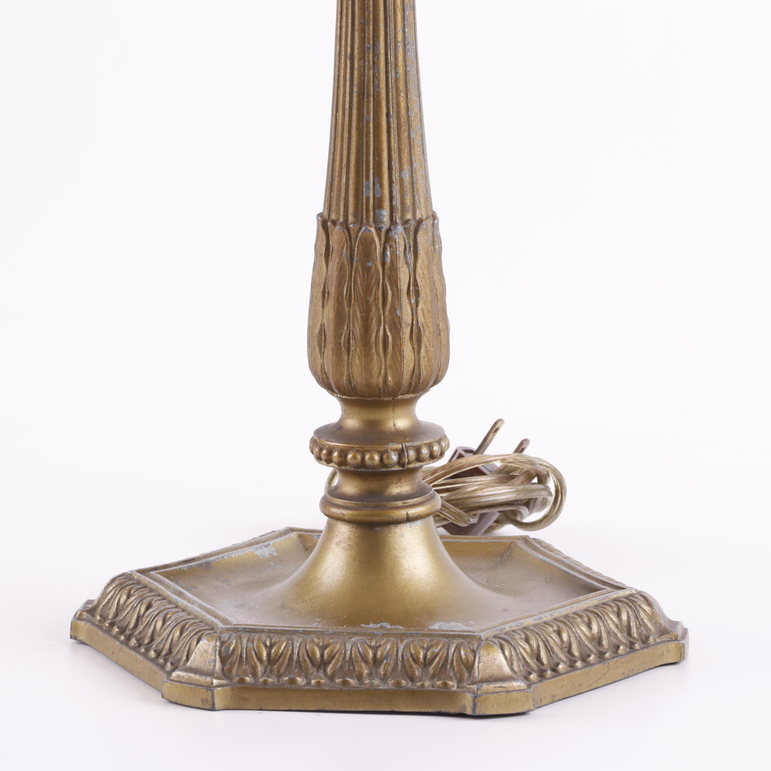 Cast Metal Table Lamp with Slag Glass and Overlay Shade, Early 20th Century