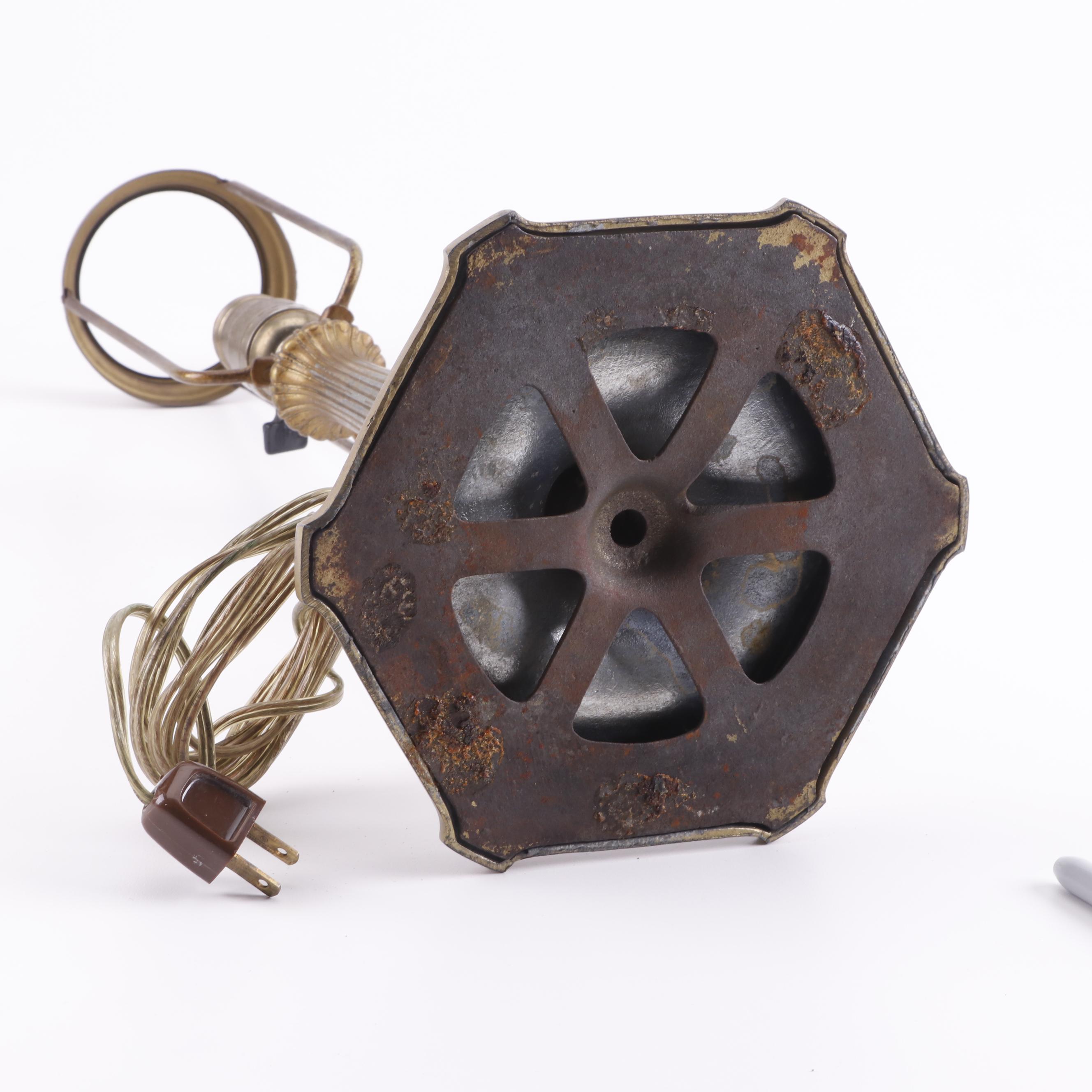 Cast Metal Table Lamp with Slag Glass and Overlay Shade, Early 20th Century