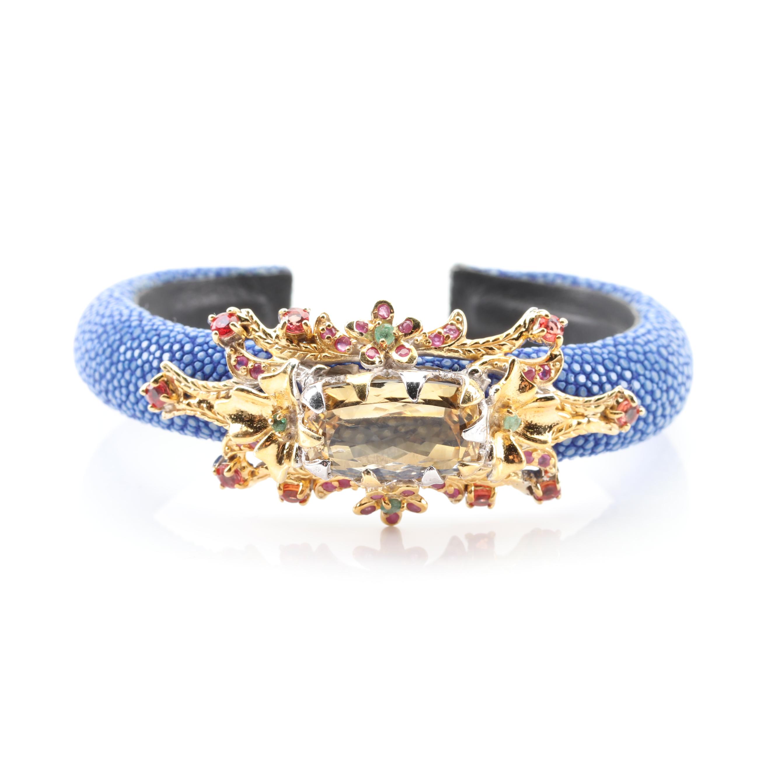 Sterling Silver 7.56 CT Citrine and Gemstone Shagreen Cuff Bracelet