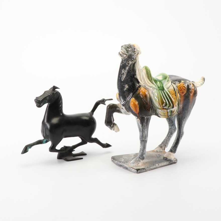 Asian Inspired Metal and Ceramic Horse Sculptures