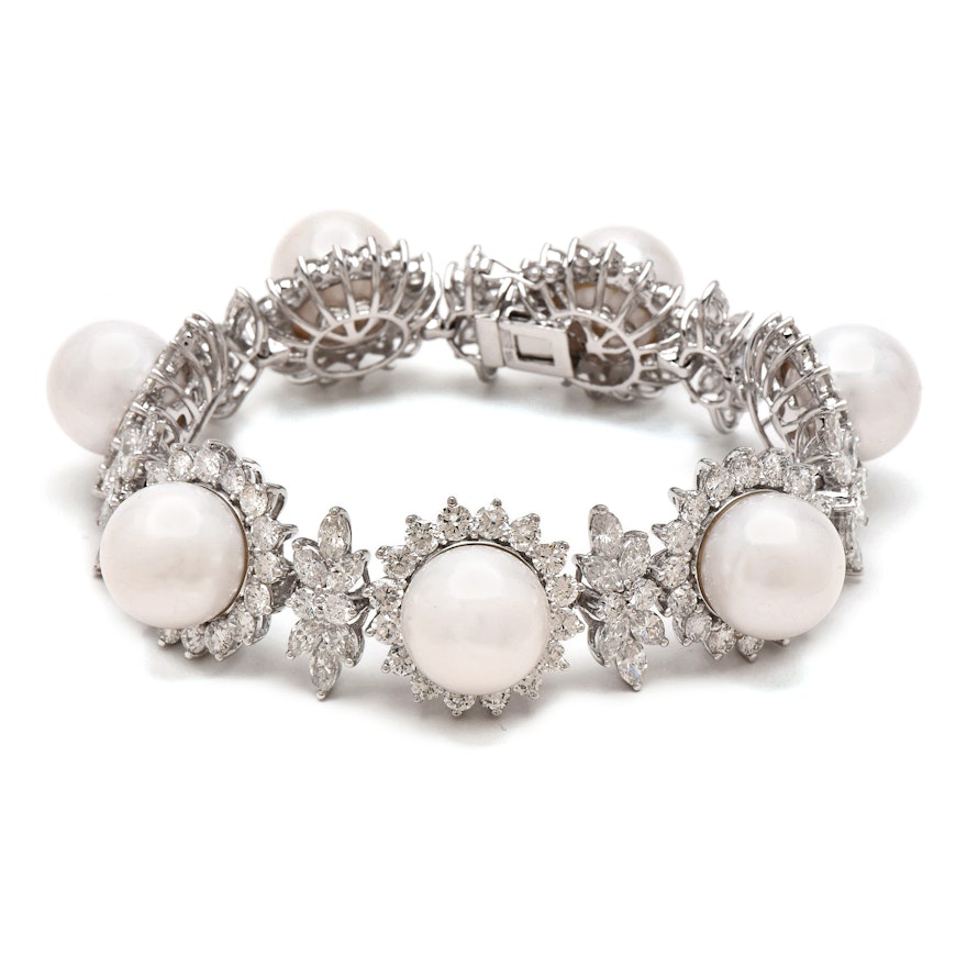 18K White Gold Cultured South Sea Pearl and 30.10 CTW Diamond Bracelet