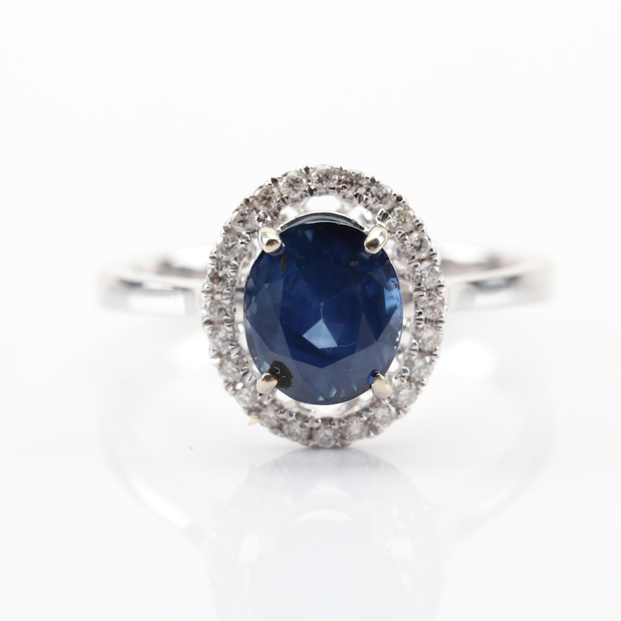 14K White Gold Sapphire and Diamond Halo Ring