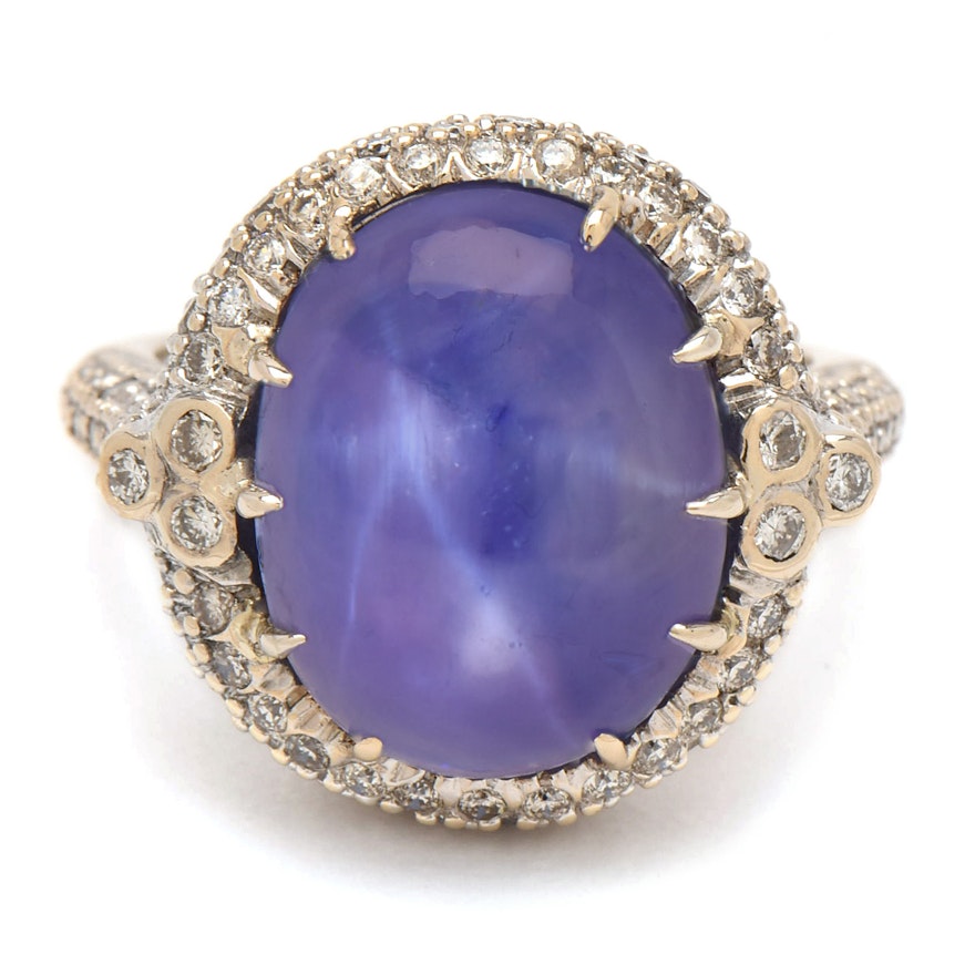 18K White Gold 16.58 CT Untreated Star Sapphire and 1.40 CTW Diamond Ring