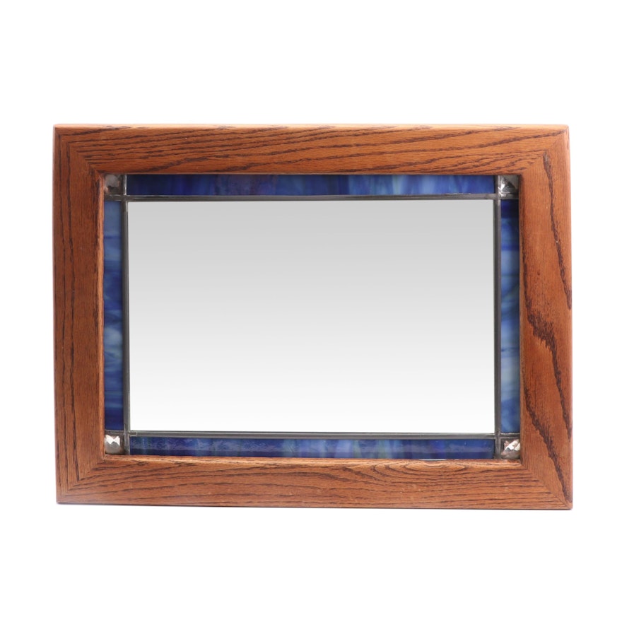 Oak and Blue Glass Frame Wall Mount Mirror, Late 20th Century