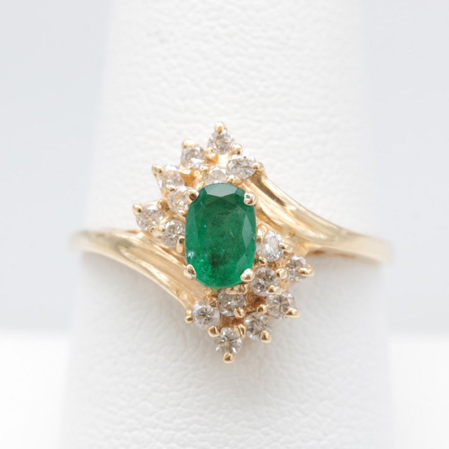 14K Yellow Gold Emerald and Diamond Bypass Ring