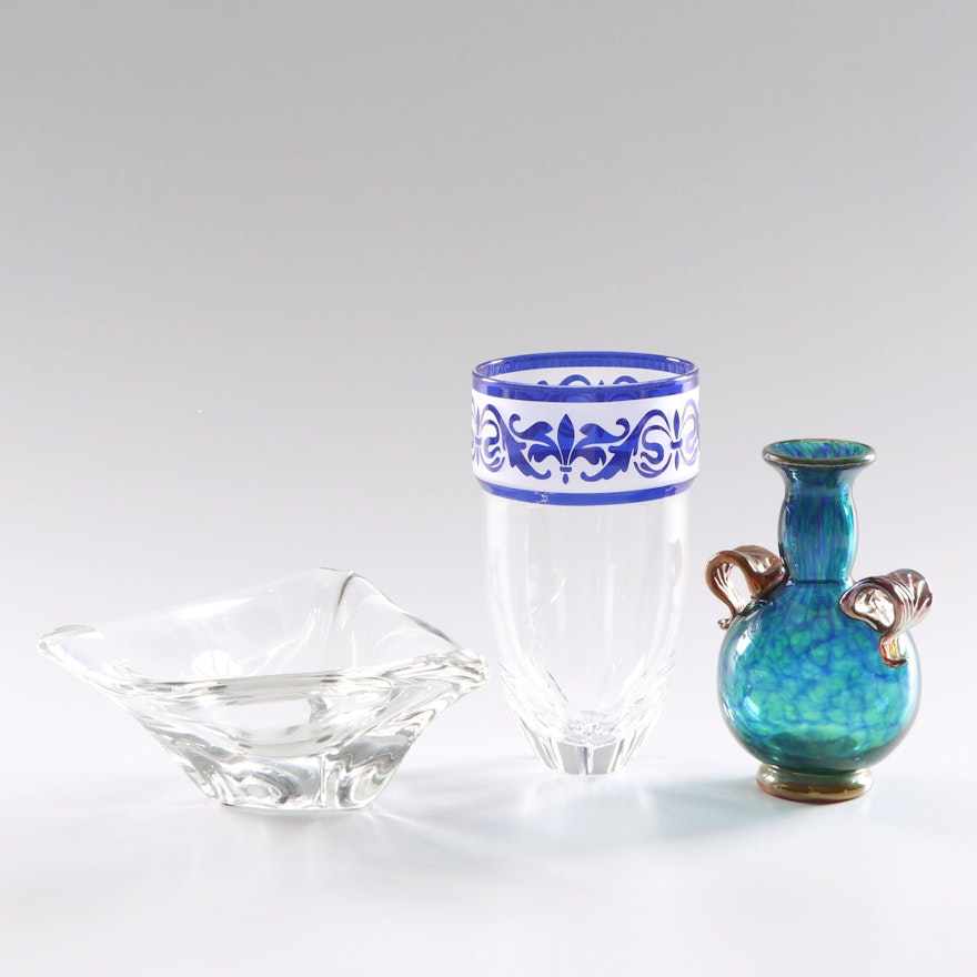 Kurt Strobach Vase, Daum Bowl, and Signed Art Glass Vase