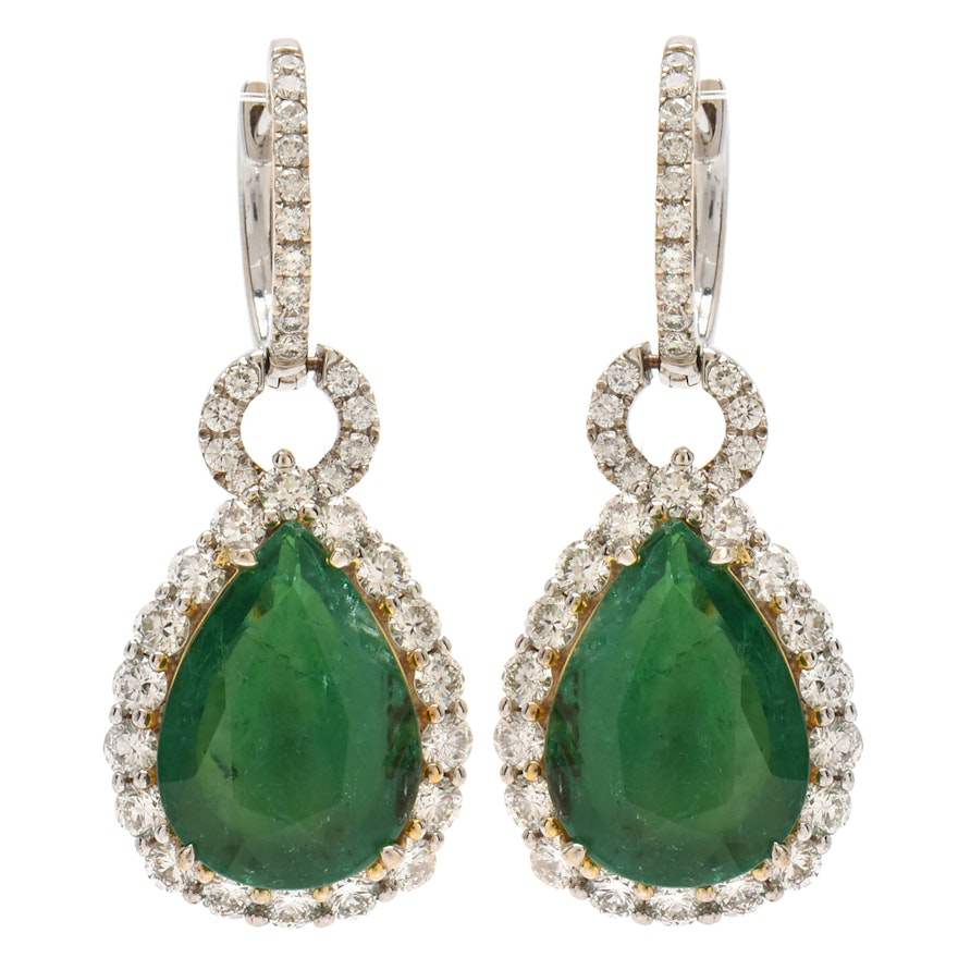 14K and 18K White Gold 9.63 CTW Emerald and 2.56 CTW Diamond Drop Earrings