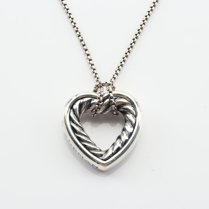 David Yurman Sterling Silver Cable Heart Necklace with 18K Yellow Gold Accents